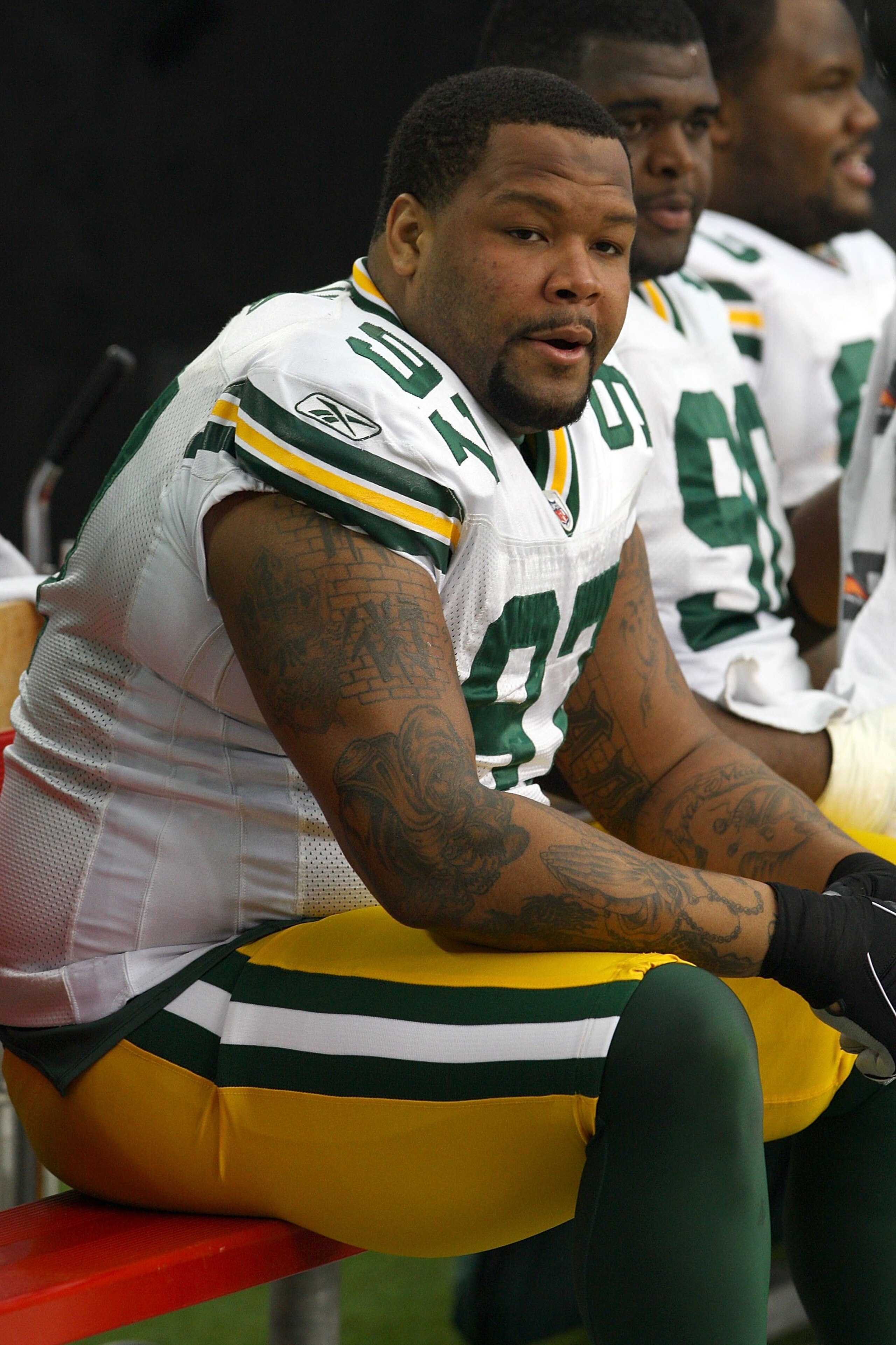 GLENDALE, AZ - JANUARY 03:  Johnny Jolly #97 of the Green Bay Packers looks on from the bench against the Arizona Cardinals at University of Phoenix Stadium on January 3, 2010 in Glendale, Arizona.  (Photo by Maxx Wolfson/Getty Images)