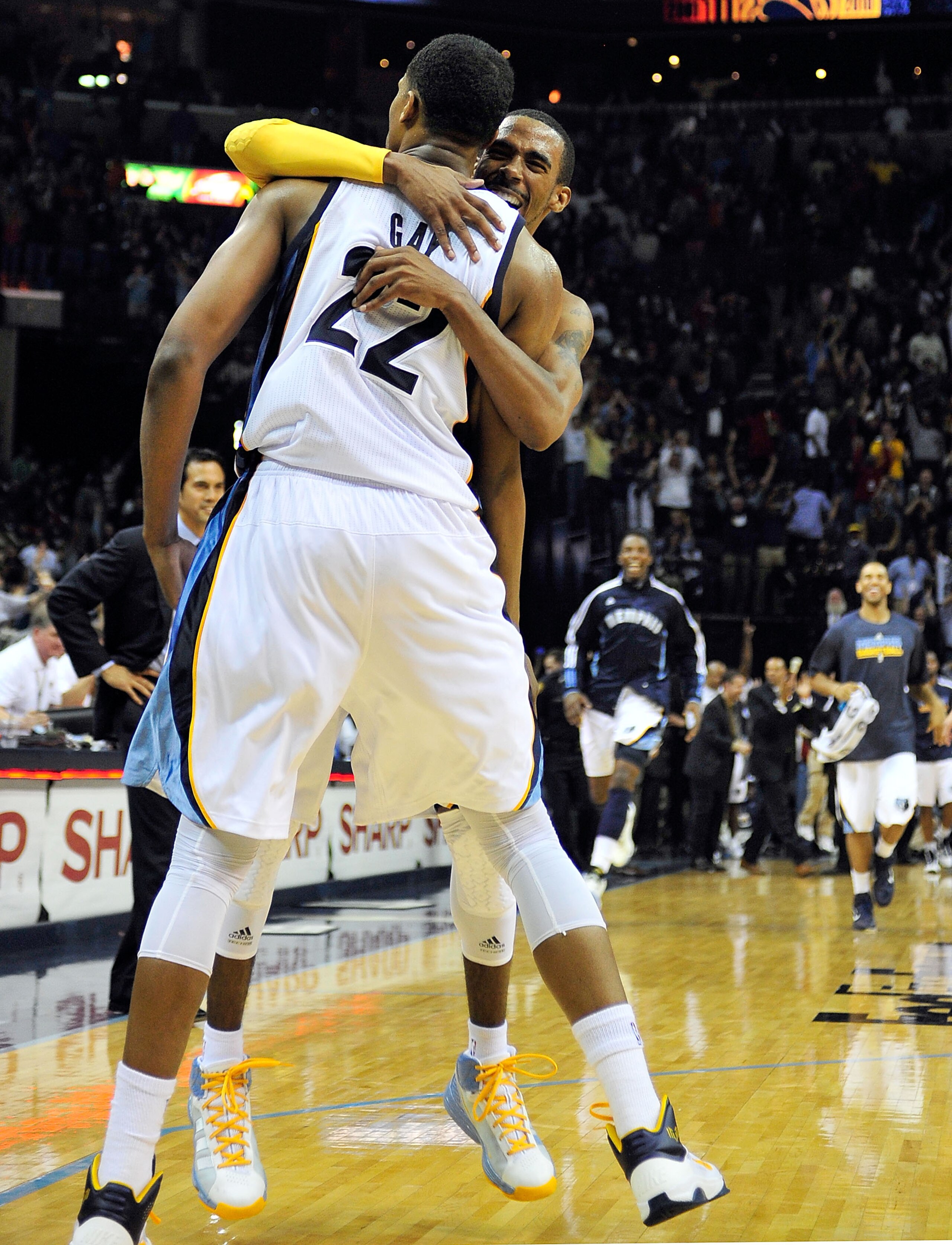MEMPHIS, TN - NOVEMBER 20:  Mike Conley #11 and Rudy Gay #22 of the Memphis Grizzlies celebrate after Gay's game-winning basket against the Miami Heat at FedExForum on November 20, 2010 in Memphis, Tennessee. The Grizzlies won 97-95. NOTE TO USER: User ex