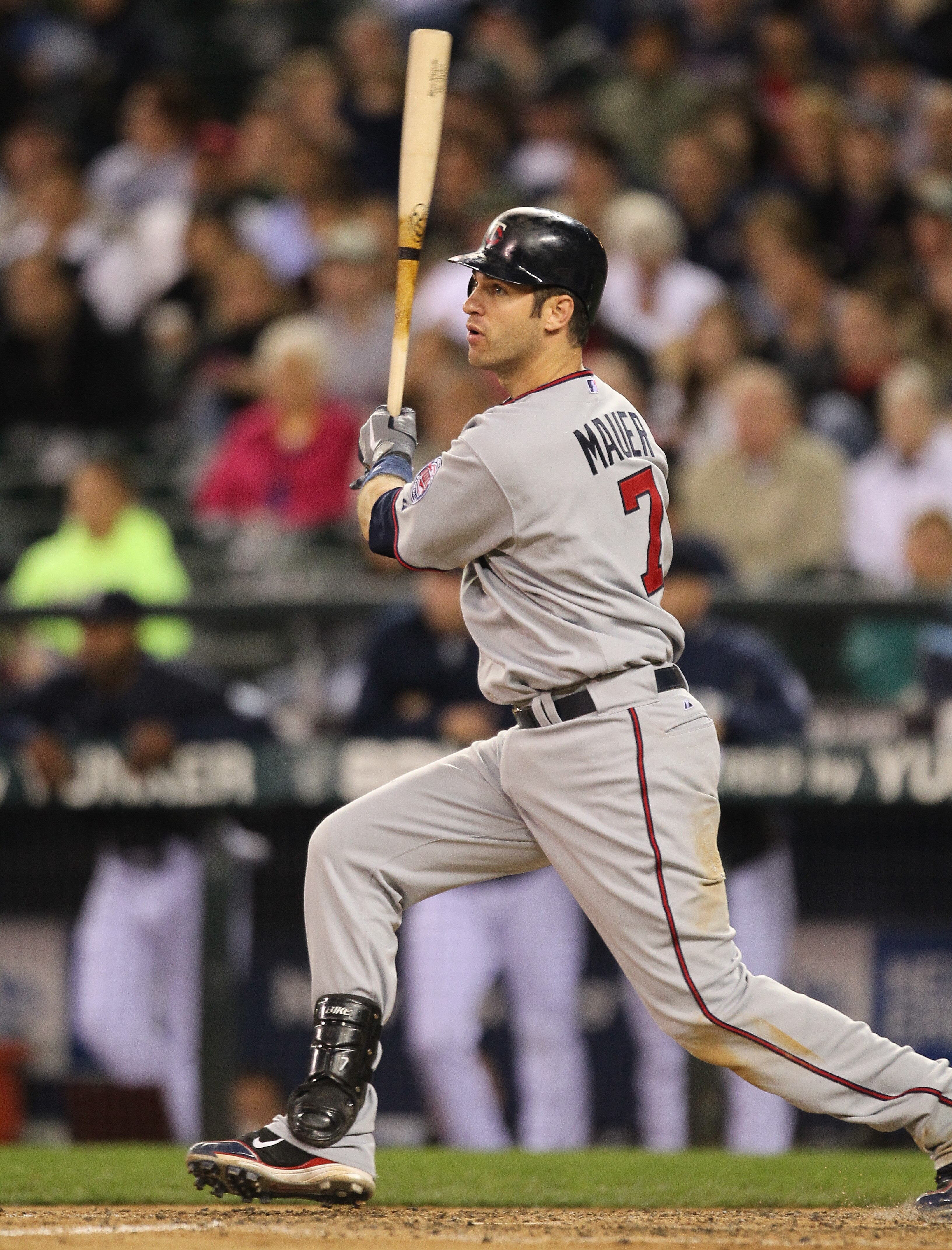 SEATTLE - AUGUST 27:  Joe Mauer #7 of the Minnesota Twins bats against the Seattle Mariners at Safeco Field on August 27, 2010 in Seattle, Washington. The Twins won 6-3. (Photo by Otto Greule Jr/Getty Images)