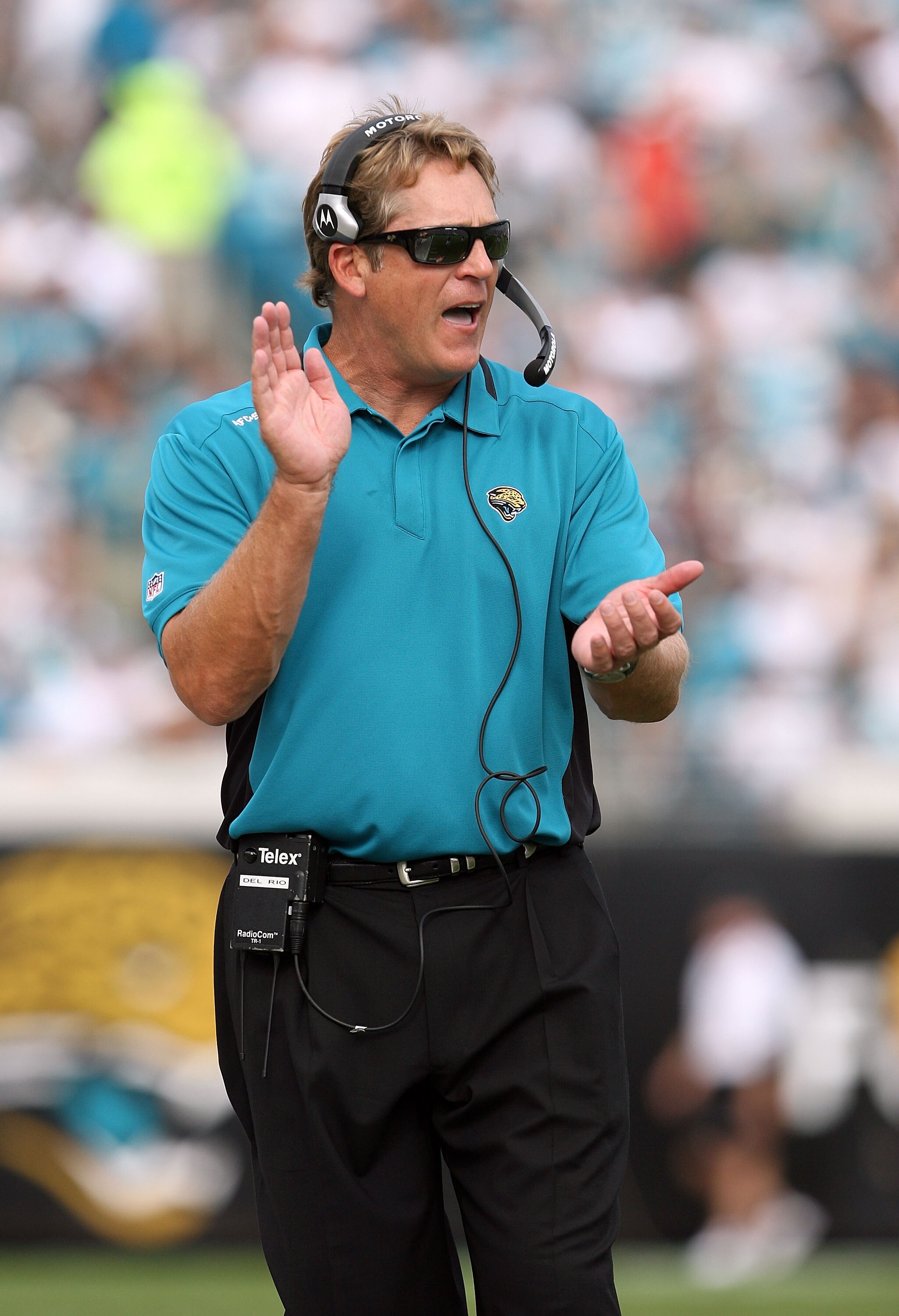 JACKSONVILLE, FL - NOVEMBER 08:  Head coach Jack Del Rio of the Jacksonville Jaguars cheers his team on against the Kansas City Chiefs at Jacksonville Municipal Stadium on November 8, 2009 in Jacksonville, Florida. The Jaguars defeated the Chiefs 24-21.