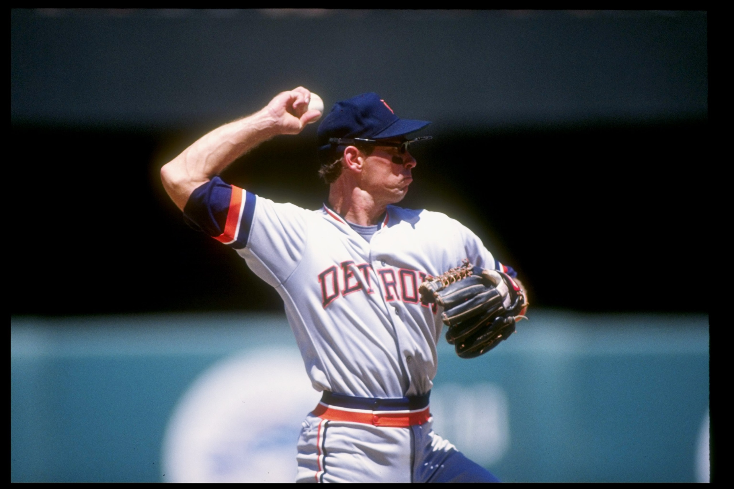 Shortstop Alan Trammell of the Detroit Tigers throws the ball during a game.