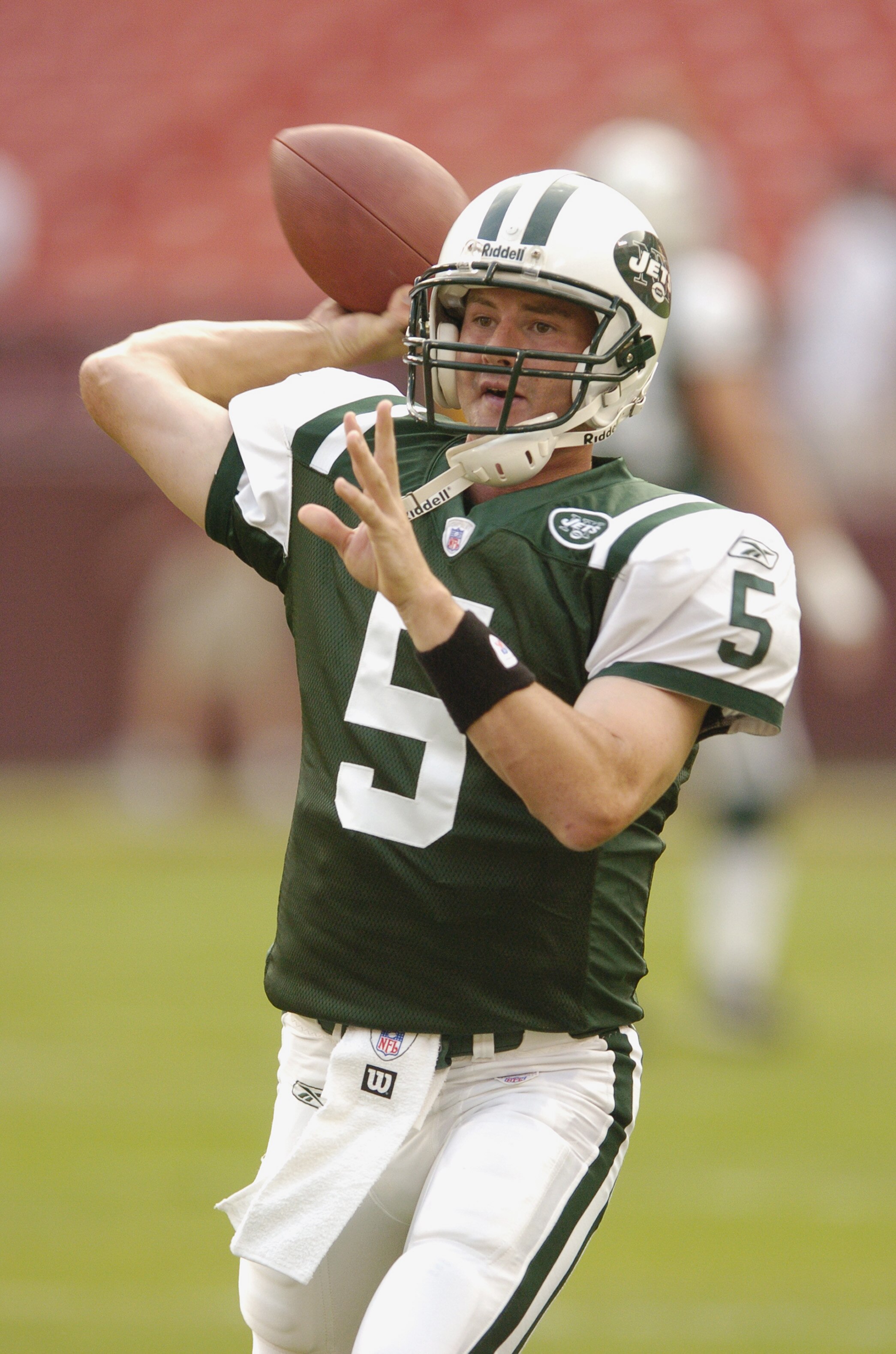 LANDOVER, MD - AUGUST 19:  Quarterback Brooke Bollinger #5 of the New York Jets warms-up during the NFL preseason game against the Washington Redskins August 19, 2006 at FedEx Field in Landover, Maryland.  (Photo by Greg Fiume/Getty Images)