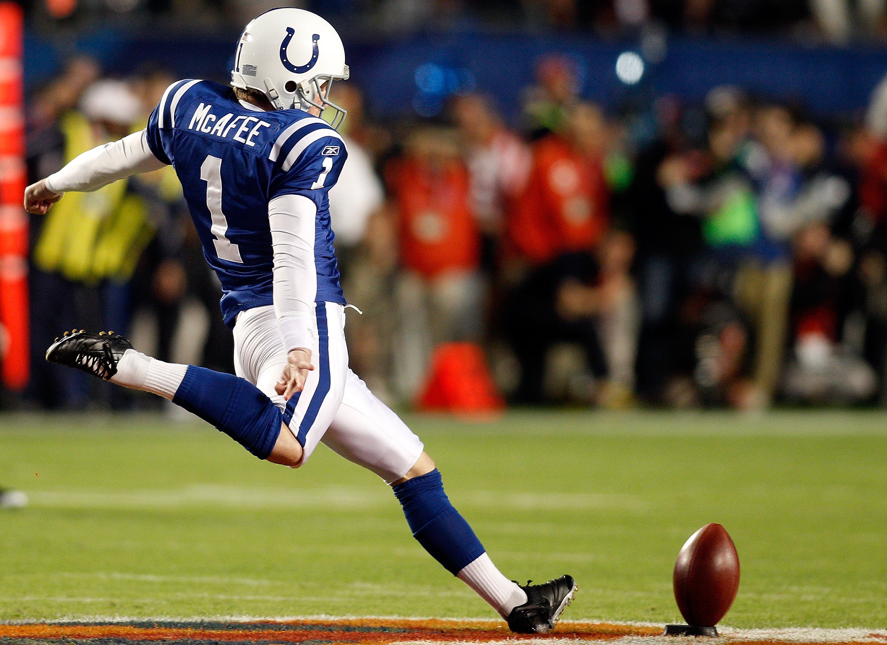 MIAMI GARDENS, FL - FEBRUARY 07:  Pat McAfee #1 of the Indianapolis Colts kicks the opening kick off against the New Orleans Saints during Super Bowl XLIV on February 7, 2010 at Sun Life Stadium in Miami Gardens, Florida.  (Photo by Chris Graythen/Getty I