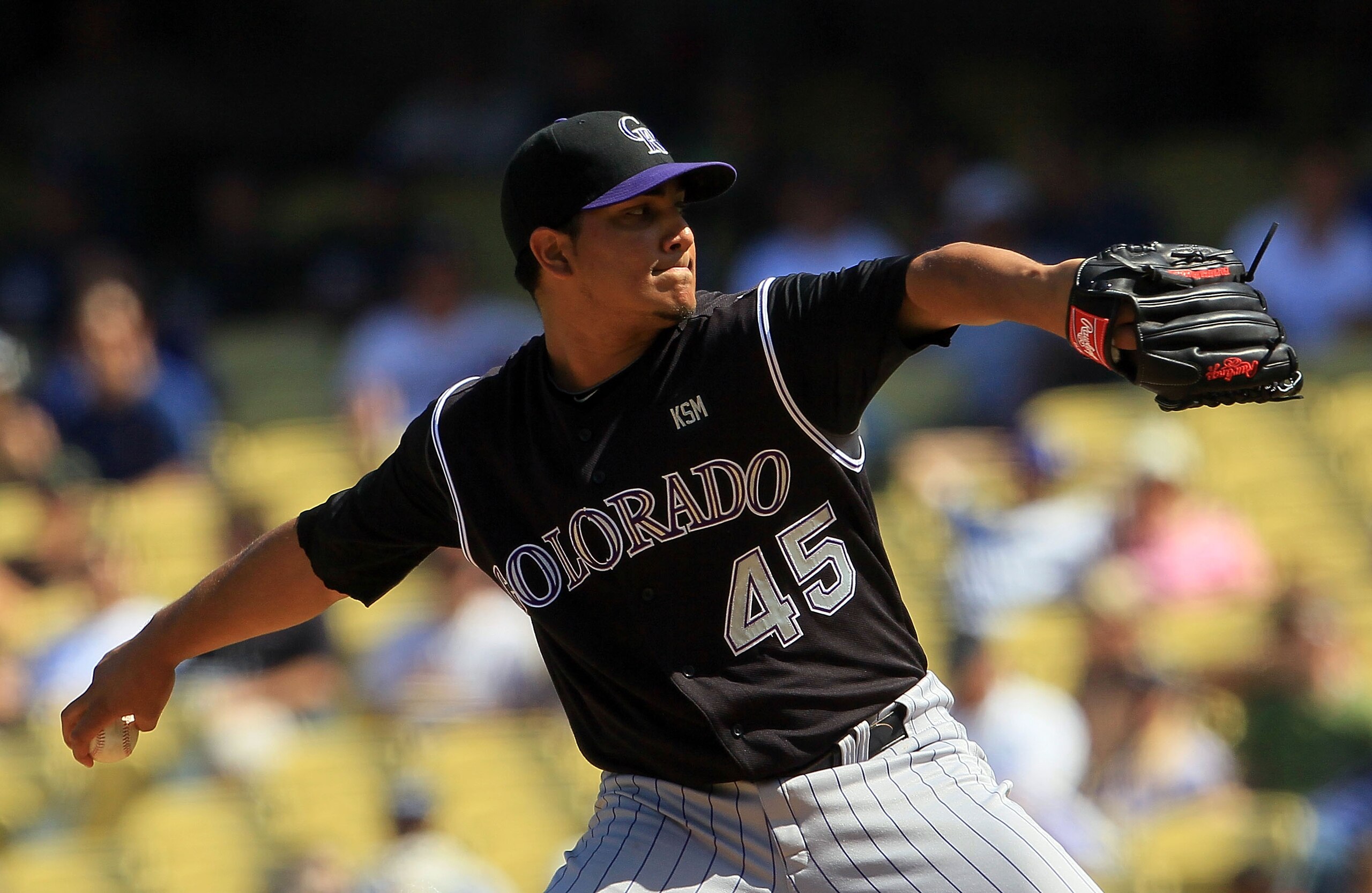 LOS ANGELES, CA - SEPTEMBER 18: Jhoulys Chacin #45 of the Colorado Rockies pitches against the Los Angeles Dodgers in the game at Dodger Stadium on September 18, 2010 in Los Angeles, California. (Photo by Jeff Gross/Getty Images) LOS ANGELES, CA - SEPTEMBER 18: Jhoulys Chacin #45 of the Colorado Rockies pitches against the Los Angeles Dodgers in the game at Dodger Stadium on September 18, 2010 in Los Angeles, California. (Photo by Jeff Gross/Getty Images)