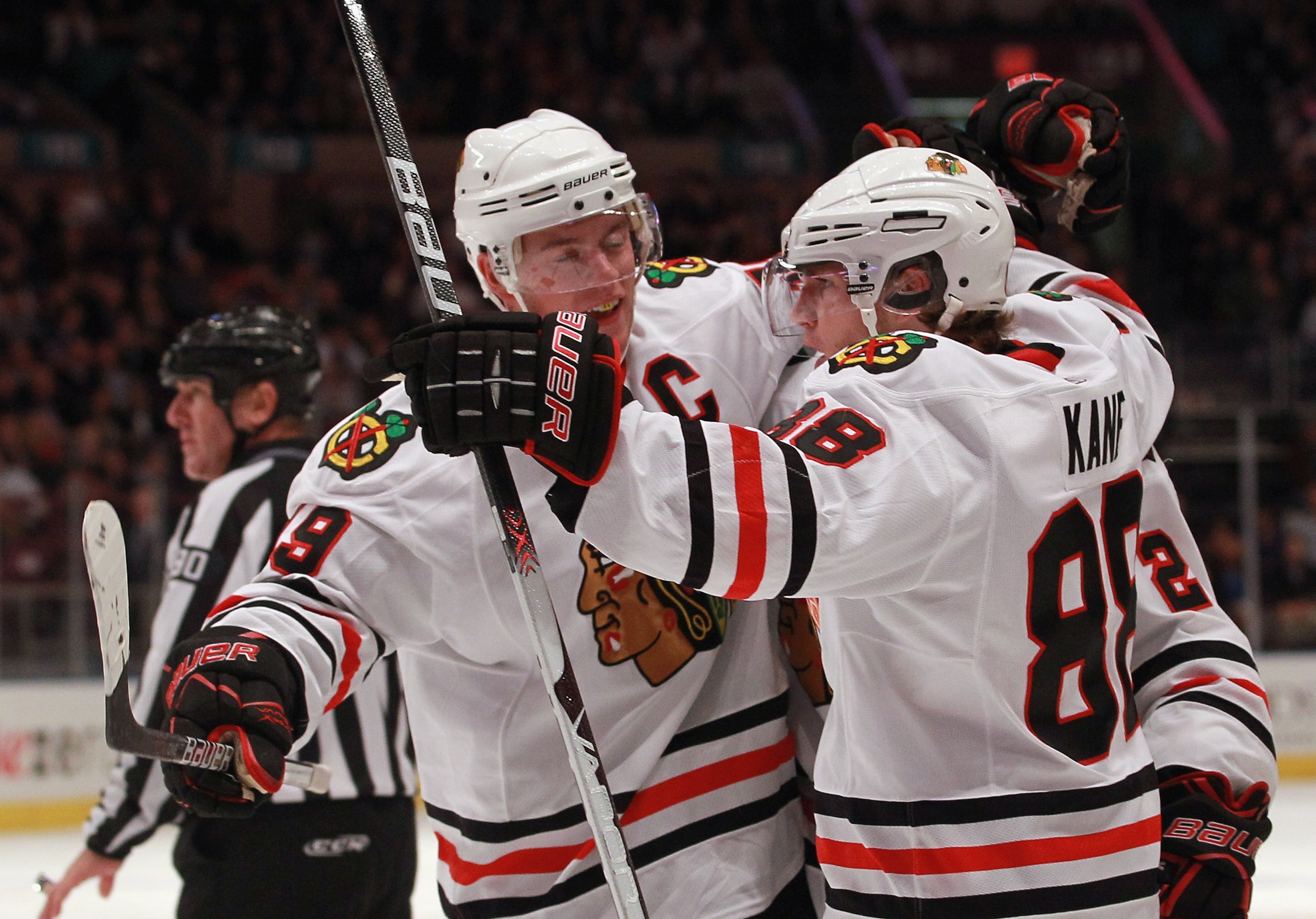 NEW YORK - NOVEMBER 01: Patrick Kane #88 (R) of the Chicago Blackhawks scores at 6:08 of the third period against the New York Rangers and is joined by Jonathan Toews #19 (L) at Madison Square Garden on November 1, 2010 in New York City. The Rangers defea