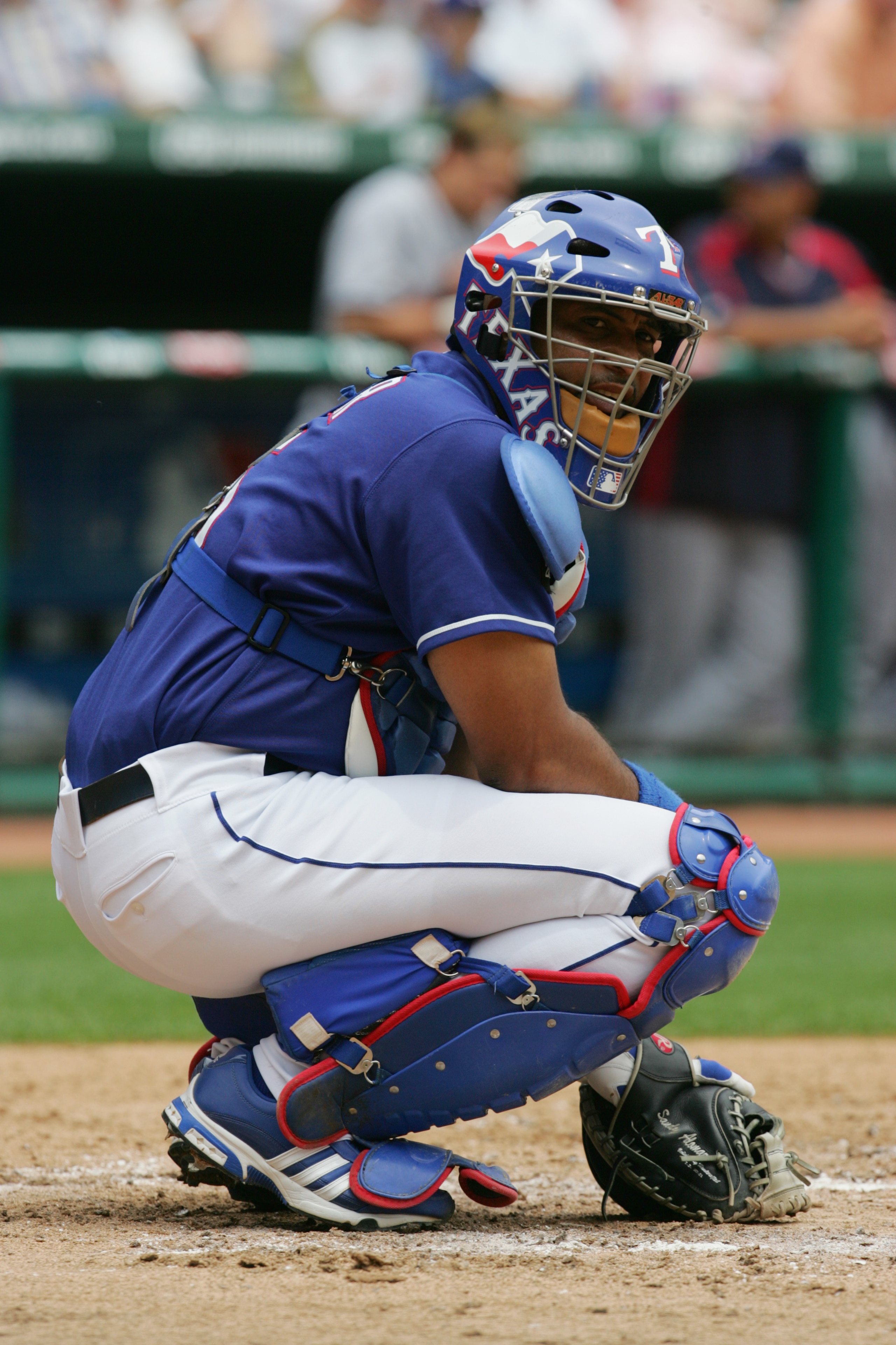 ARLINGTON, TX - MAY 8:  Sandy Alomar #15 of the Texas Rangers catches against the Cleveland Indians on May 8, 2005 at Ameriquest Field in Arlington in Arlington, Texas.  The Rangers defeated the Indians 7-2.  (Photo by Ronald Martinez/Getty Images)