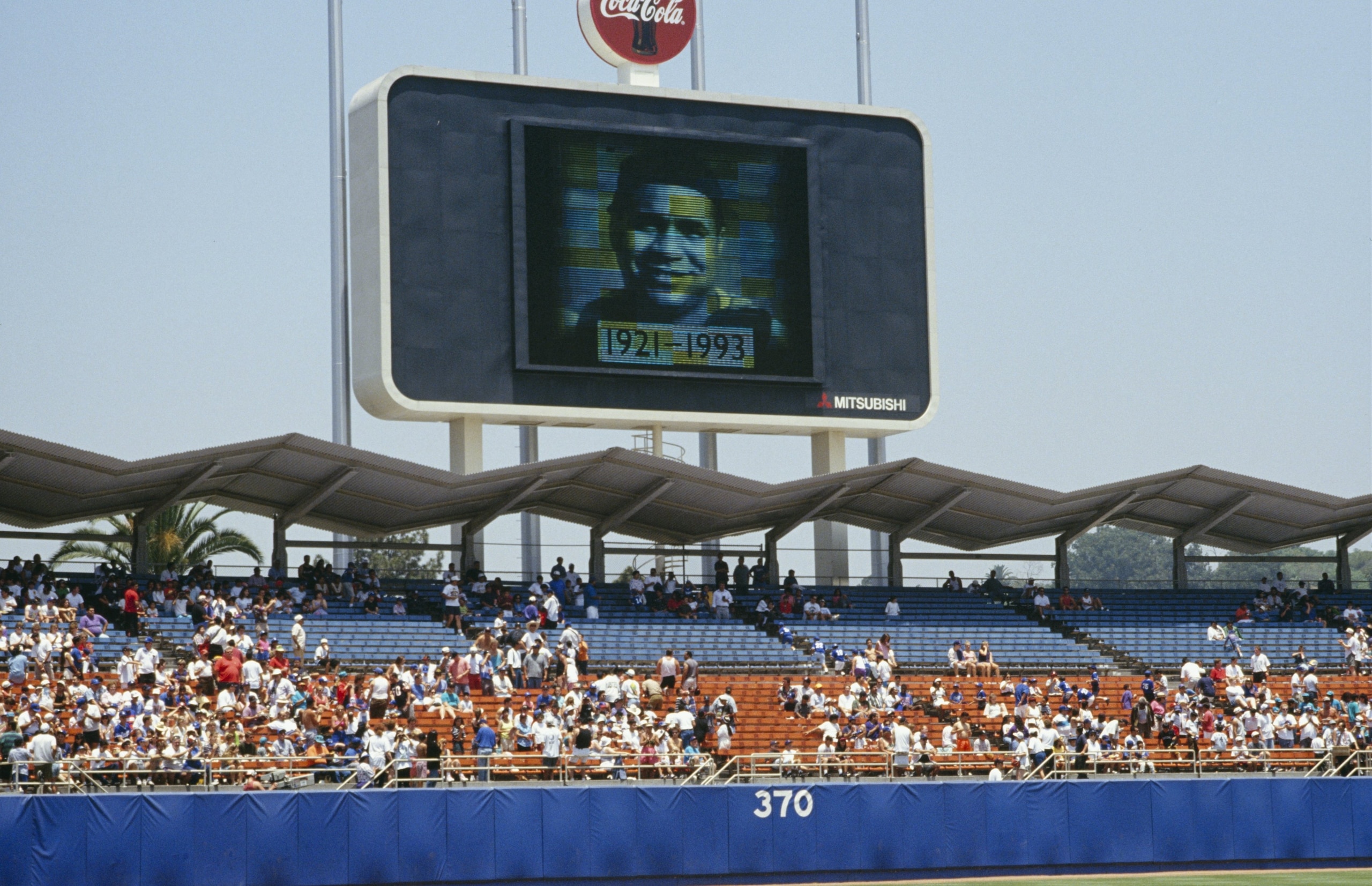LOS ANGELES - JUNE 27:  The video board at Dodger Stadium shows a tribute to former Brooklyn Dodgers catcher Roy Campanella, who died the previous day, before the Los Angeles Dodgers game against the Chicago Cubs on June 27, 1993 in Los Angeles, Californi