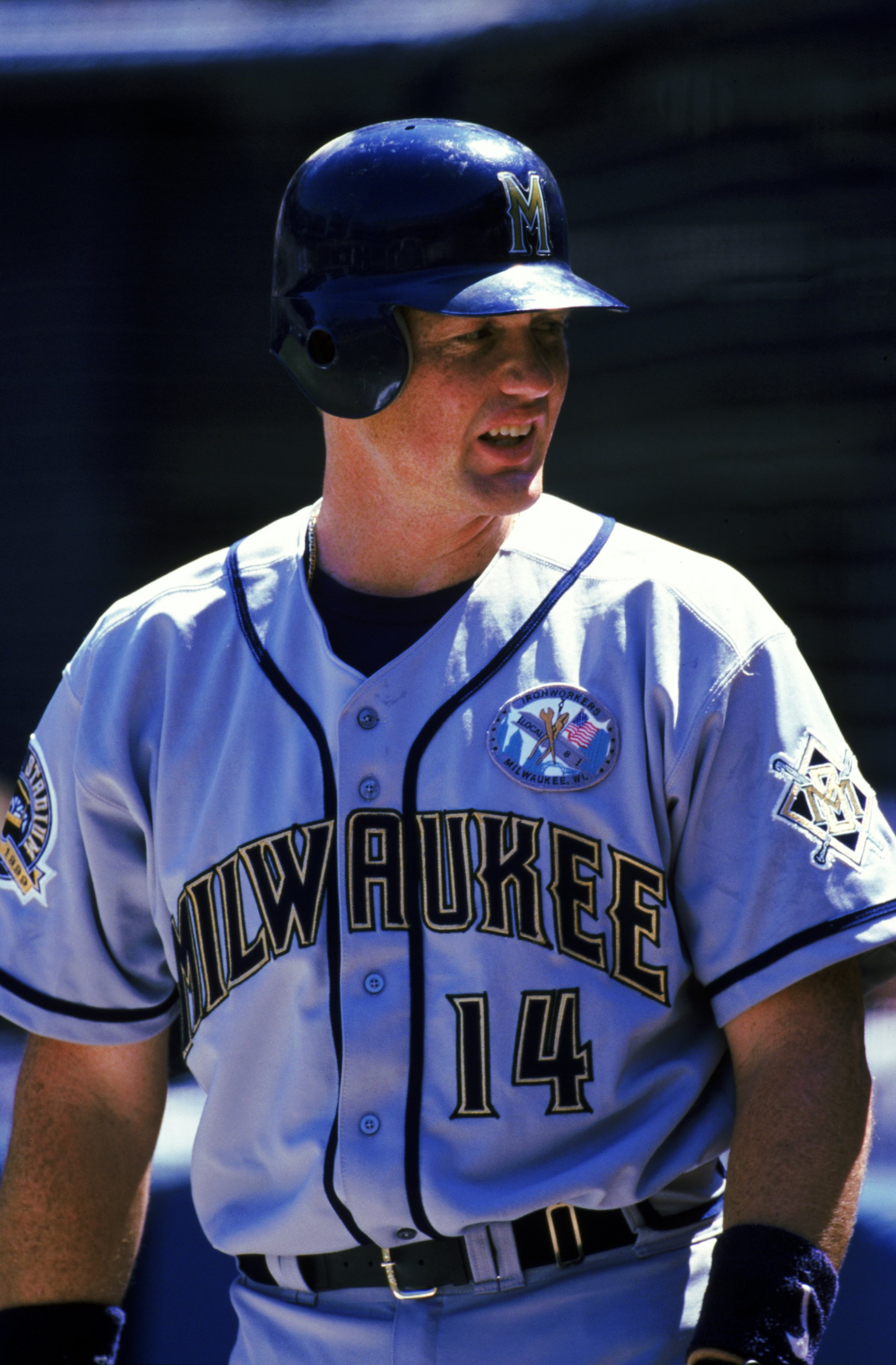 26 Aug 1999:  Dave Nilsson #14 of the Milwaukee Brewers looks on during the game against the San Diego Padres at the Qualcomm Park in San Diego, California. The Padres defeated the Brewers 4-3. Mandatory Credit: Tom Hauck  /Allsport
