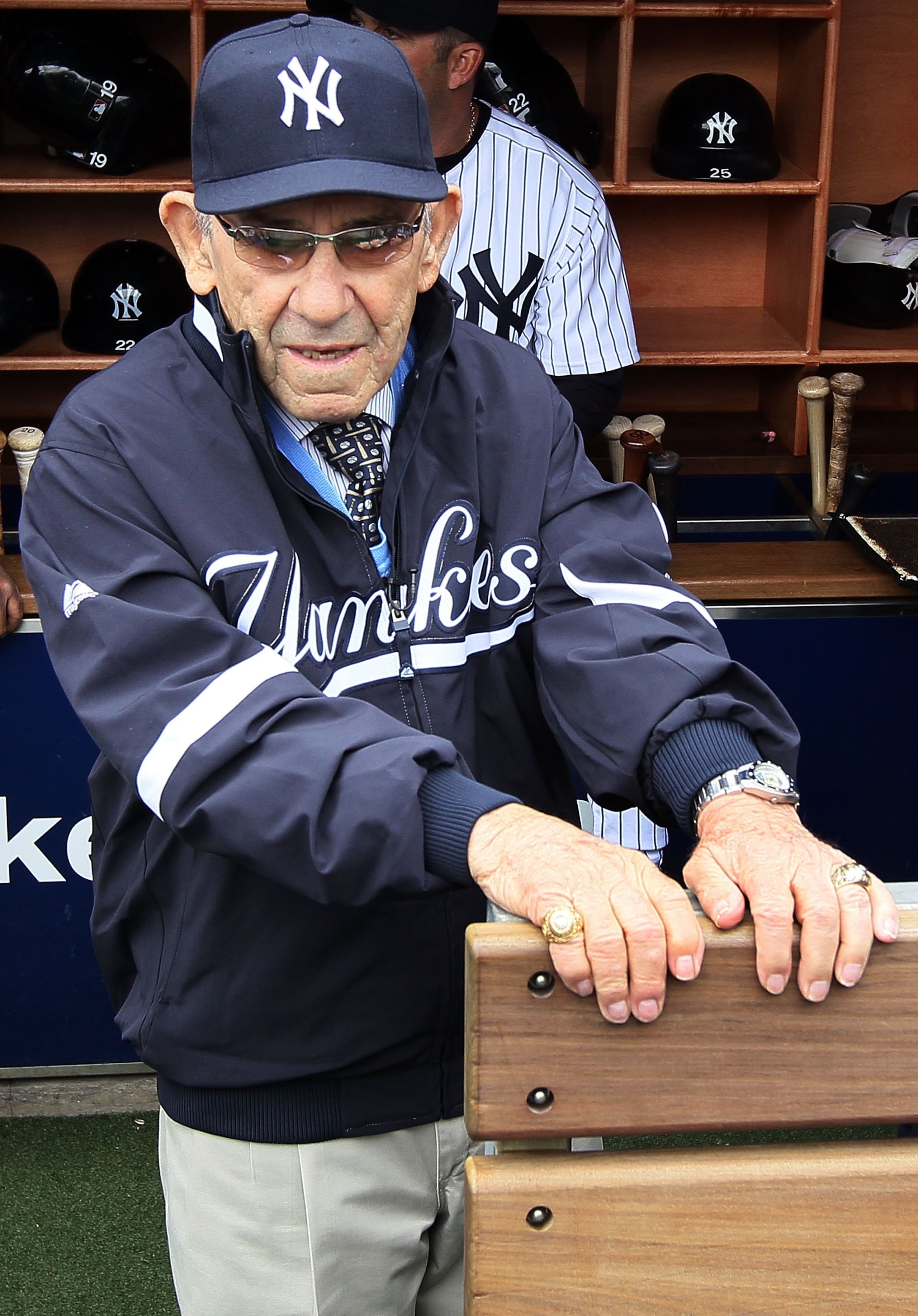 NEW YORK - APRIL 13:  New York Yankee Hall of Famer Yogi Berra looks on prior to the Yankees playing the Los Angeles Angels of Anaheim during the Yankees home opener at Yankee Stadium on April 13, 2010 in the Bronx borough of New York City.  (Photo by Jim