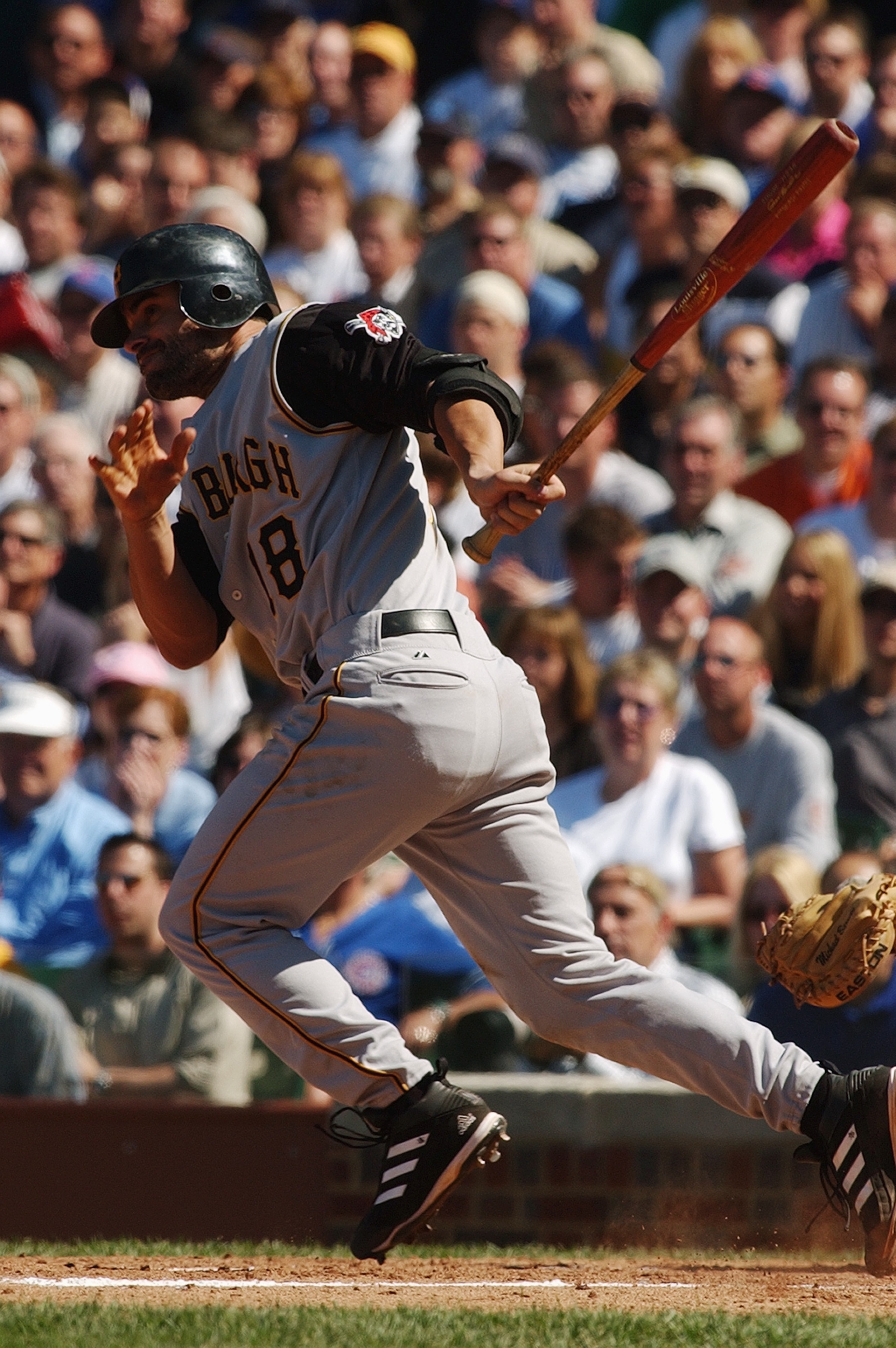 CHICAGO - JUNE 4:  Jason Kendall #18 of the Pittsburgh Pirates runs out of the batters box during the game against the Chicago Cubs at Wrigley Field on June 4, 2004 in Chicago, Illinois. The Pirates defeated the Cubs 2-1. (Photo by Jonathan Daniel/Getty I