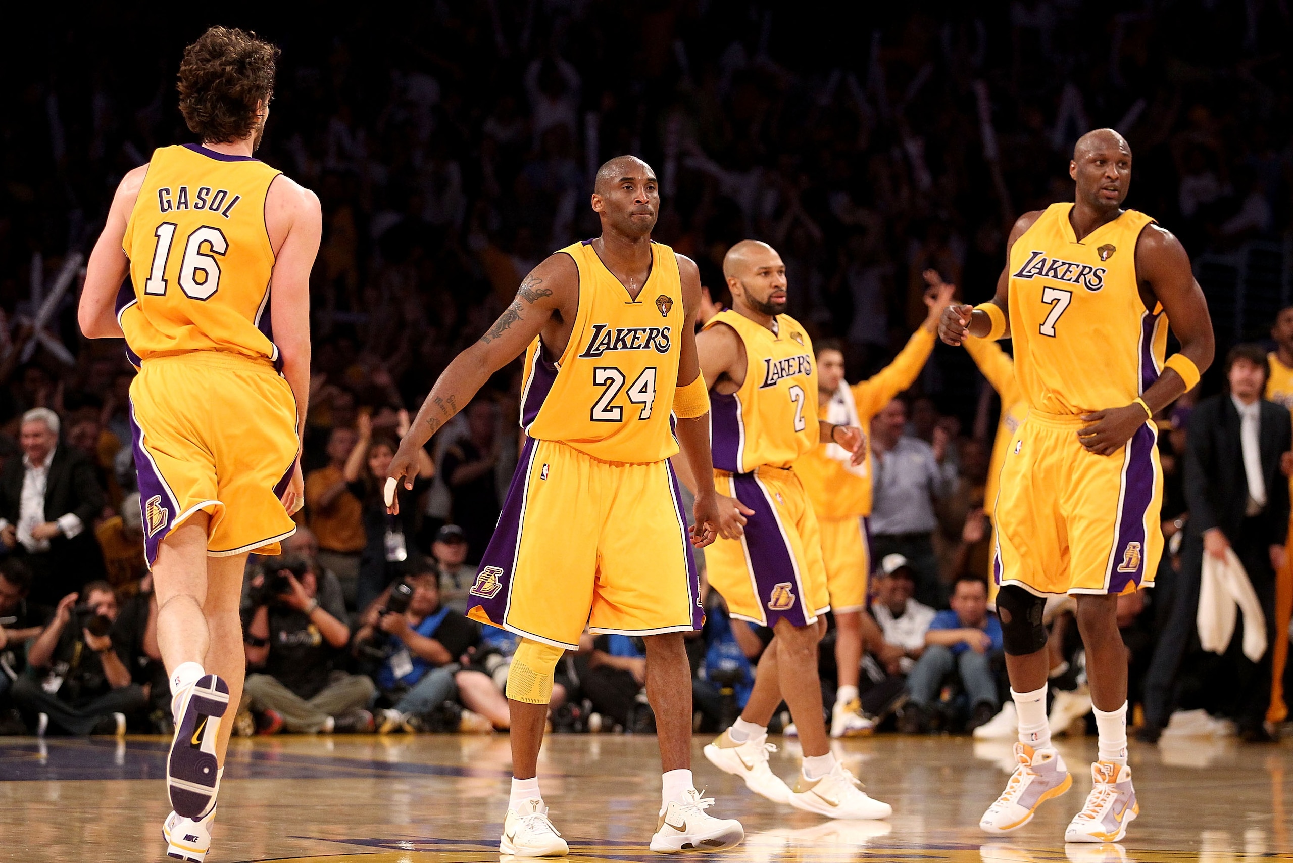 LOS ANGELES, CA - JUNE 17: (L-R) Pau Gasol #16, Kobe Bryant #24, Derek Fisher #2 and Lamar Odom #7 of the Los Angeles Lakers run up court in Game Seven of the 2010 NBA Finals against the Boston Celtics at Staples Center on June 17, 2010 in Los Angeles, C LOS ANGELES, CA - JUNE 17: (L-R) Pau Gasol #16, Kobe Bryant #24, Derek Fisher #2 and Lamar Odom #7 of the Los Angeles Lakers run up court in Game Seven of the 2010 NBA Finals against the Boston Celtics at Staples Center on June 17, 2010 in Los Angeles, C