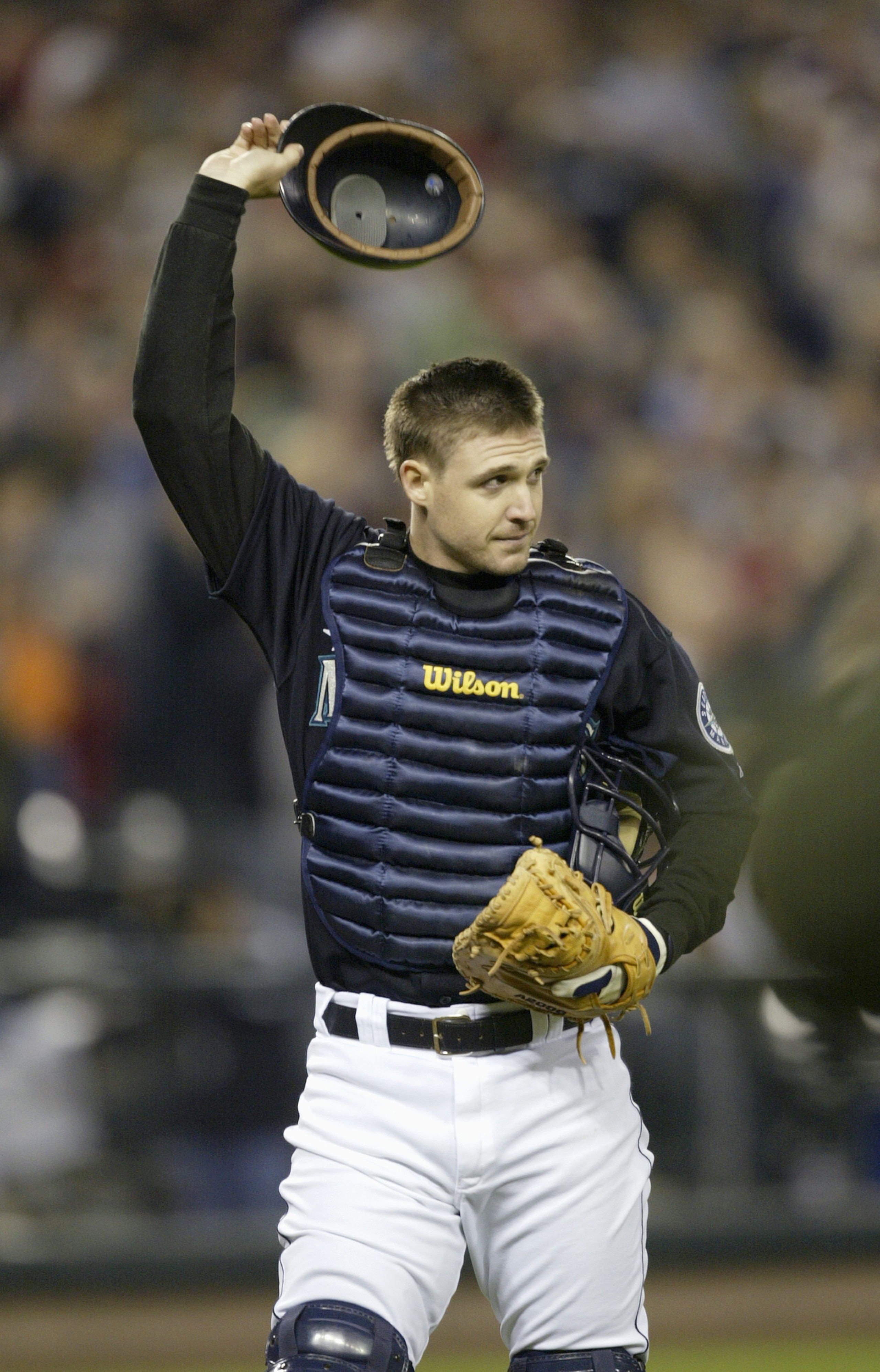 SEATTLE - SEPTEMBER 30:  Catcher Dan Wilson #6 of the Seattle Mariners waves to his fans in his final game before retiring against the Oakland Athletics on September 30 2005 at Safeco Field in Seattle Washington. The Mariners won 4-1. Wilson came back fro