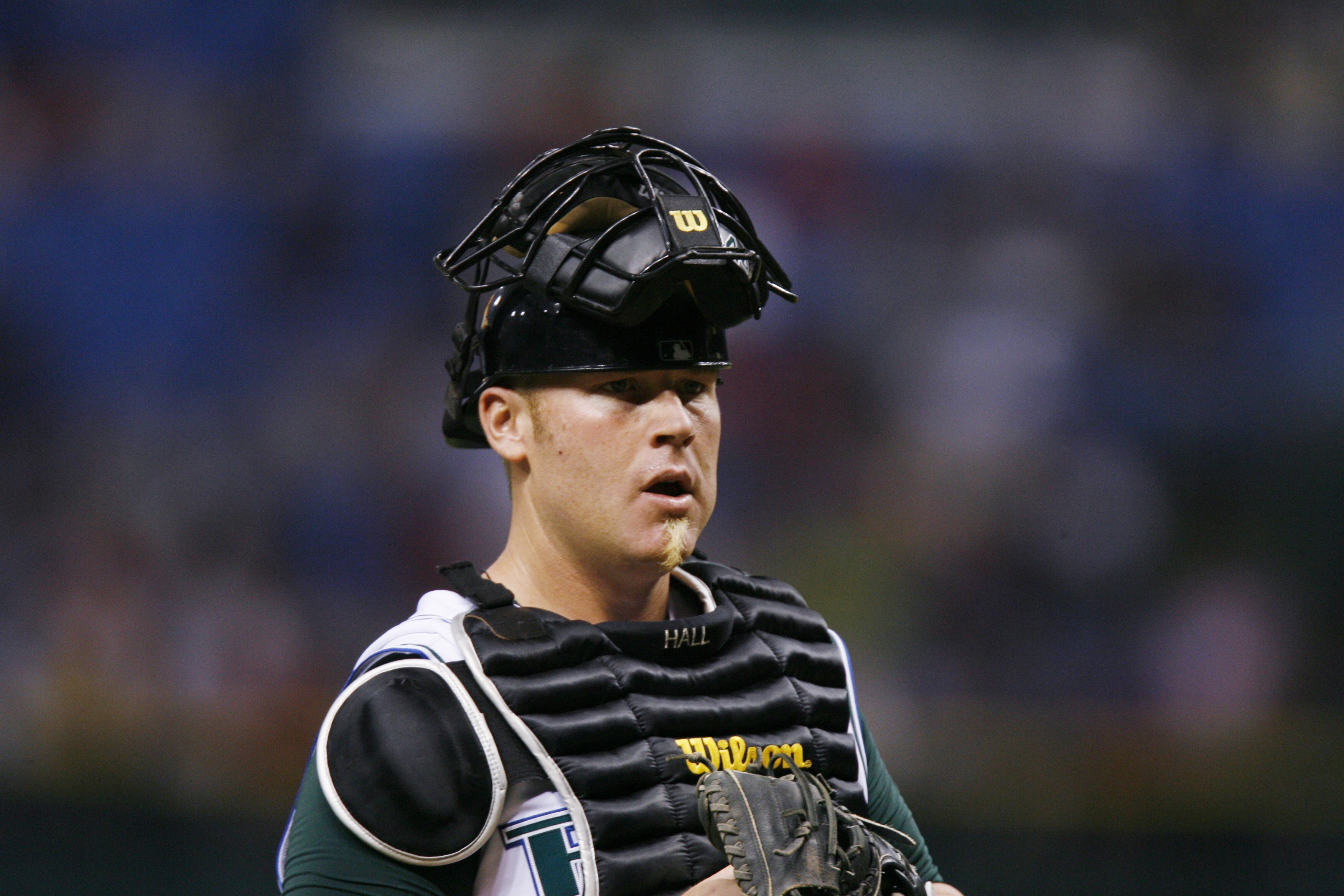 ST. PETERSBURG, FL - APRIL 28:  Toby Hall #44 of the Tampa Bay Devil Rays looks on against the Boston Red Sox on April 28, 2006 at Tropicana Field in St. Petersburg, Florida. The Devil Rays defeated the Red Sox 5-2.  (Photo by Eliot J. Schechter/Getty Ima