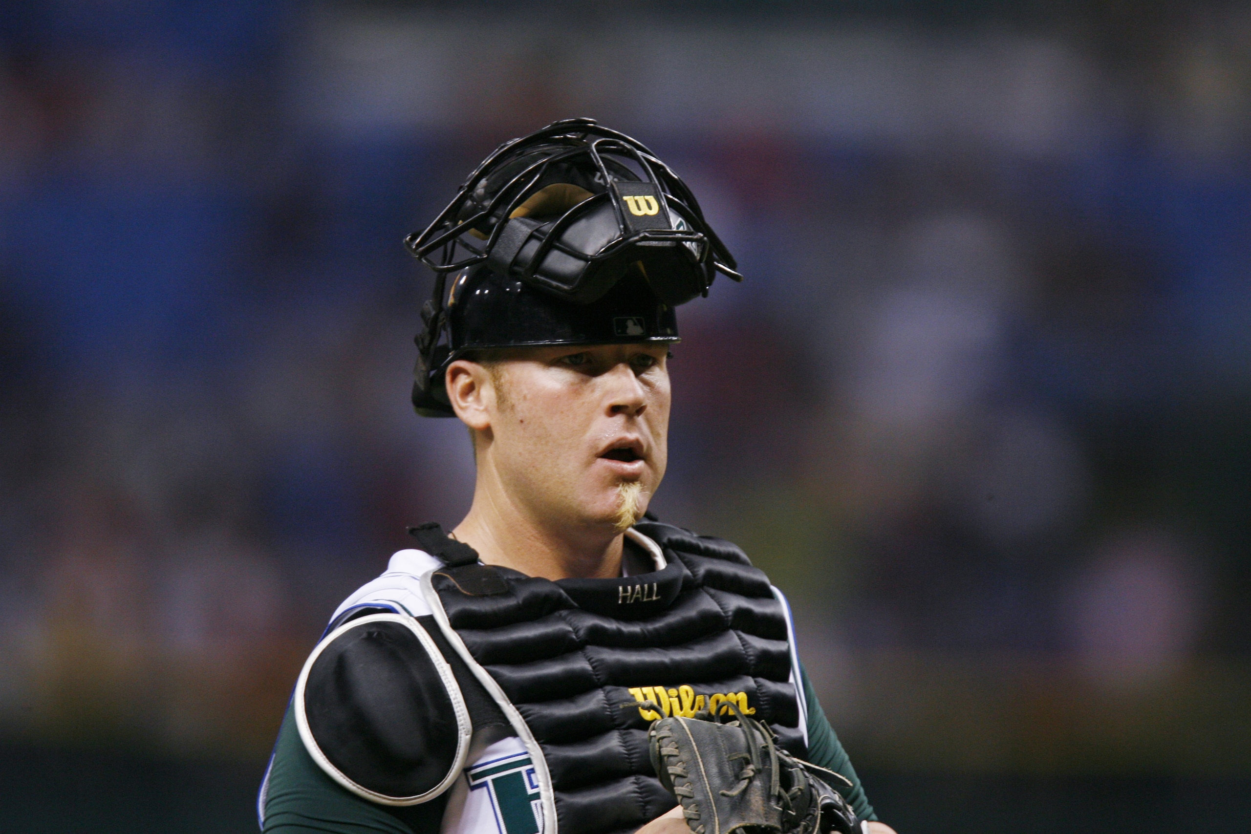 ST. PETERSBURG, FL - APRIL 28:  Toby Hall #44 of the Tampa Bay Devil Rays looks on against the Boston Red Sox on April 28, 2006 at Tropicana Field in St. Petersburg, Florida. The Devil Rays defeated the Red Sox 5-2.  (Photo by Eliot J. Schechter/Getty Ima