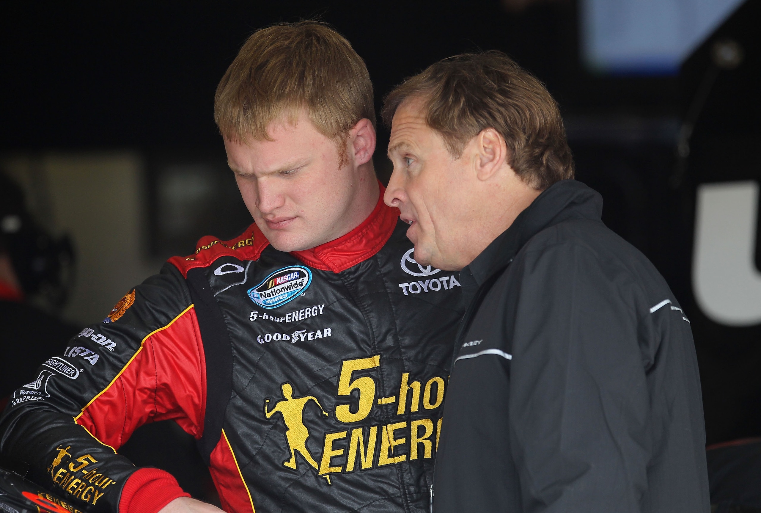 FONTANA, CA - FEBRUARY 19: Steve Wallace, driver of the #66 5-Hour Energy Toyota, stands in the garage area with Rusty Wallace, during practice for the NASCAR Nationwide Series Stater Bros. 300 at Auto Club Speedway on February 19, 2010 in Fontana, Calif FONTANA, CA - FEBRUARY 19: Steve Wallace, driver of the #66 5-Hour Energy Toyota, stands in the garage area with Rusty Wallace, during practice for the NASCAR Nationwide Series Stater Bros. 300 at Auto Club Speedway on February 19, 2010 in Fontana, Calif