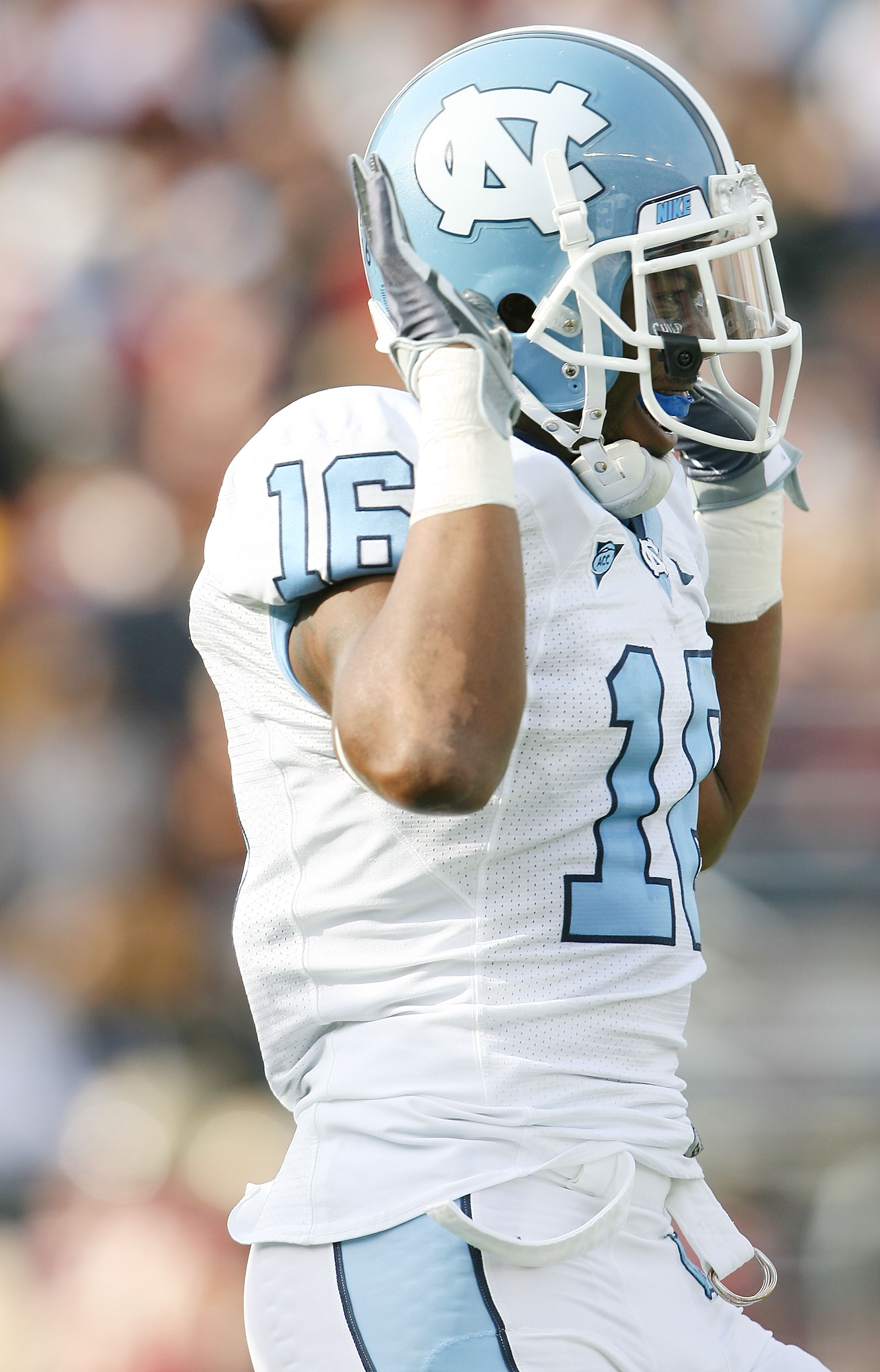 CHESTNUT HILL, MA - NOVEMBER 21:  Kendric Burney #16 of the North Carolina Tar Heels celebrates his touchdown in the first quarter against the Boston College Eagles on November 21, 2009 at Alumni Stadium in Chestnut Hill, Massachusetts.  (Photo by Elsa/Ge