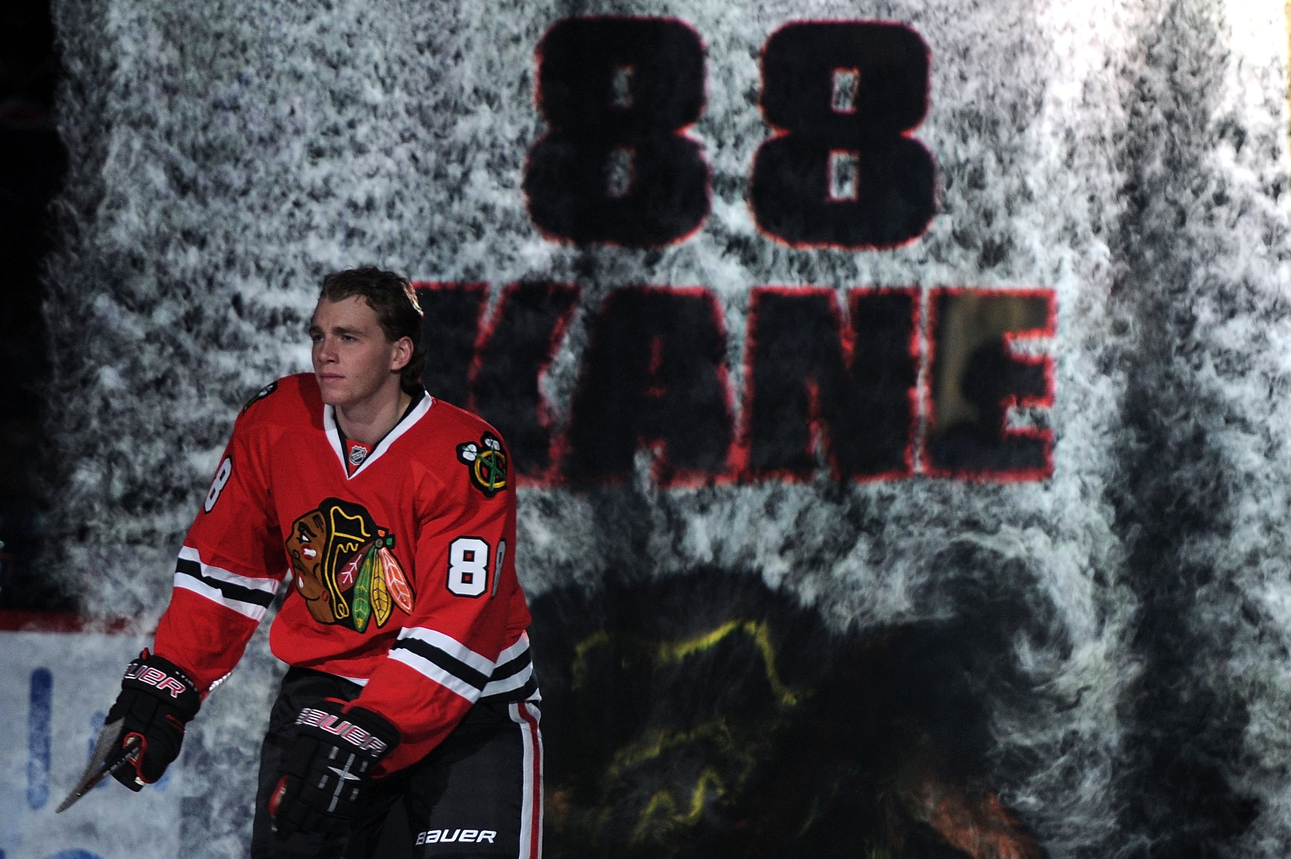 RALEIGH, NC - JANUARY 29:  Patrick Kane #88 of the Chicago Blackhawks is introduced during the Honda NHL SuperSkills competition part of 2011 NHL All-Star Weekend at the RBC Center on January 29, 2011 in Raleigh, North Carolina.  (Photo by Harry How/Getty
