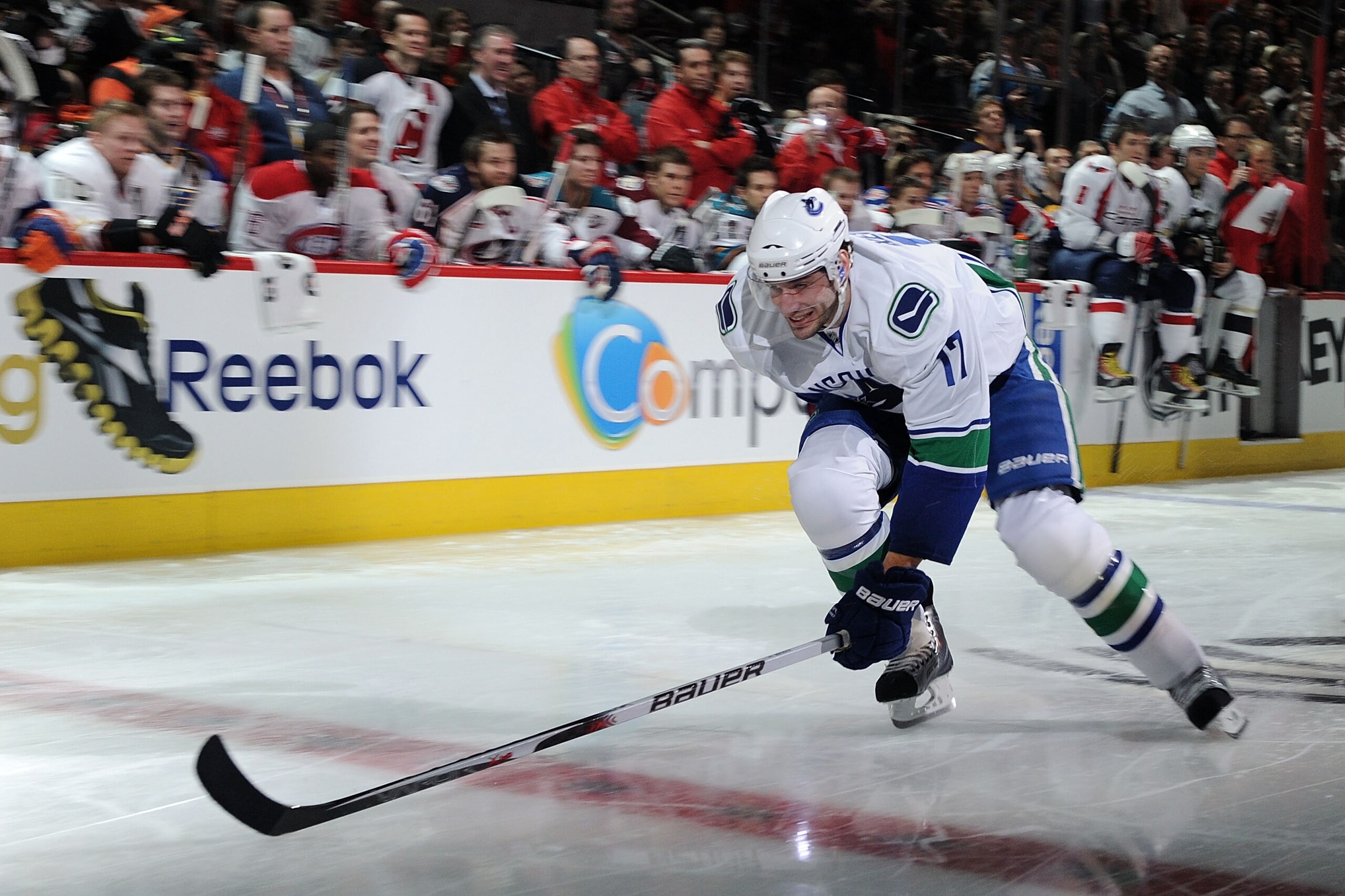 RALEIGH, NC - JANUARY 29:  Ryan Kesler #17 of the Vancouver Canucks competes for fastest skater during the Honda NHL SuperSkills competition part of 2011 NHL All-Star Weekend at the RBC Center on January 29, 2011 in Raleigh, North Carolina.  (Photo by Har