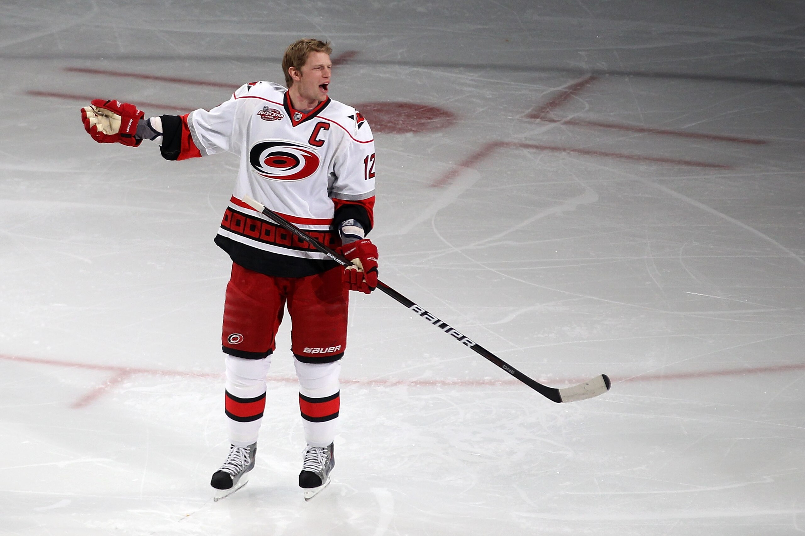 RALEIGH, NC - JANUARY 29:  Eric Staal #12 of the Carolina Hurricanes reacts during the accuracy shooting section of the Honda NHL SuperSkills competition part of 2011 NHL All-Star Weekend at the RBC Center on January 29, 2011 in Raleigh, North Carolina.