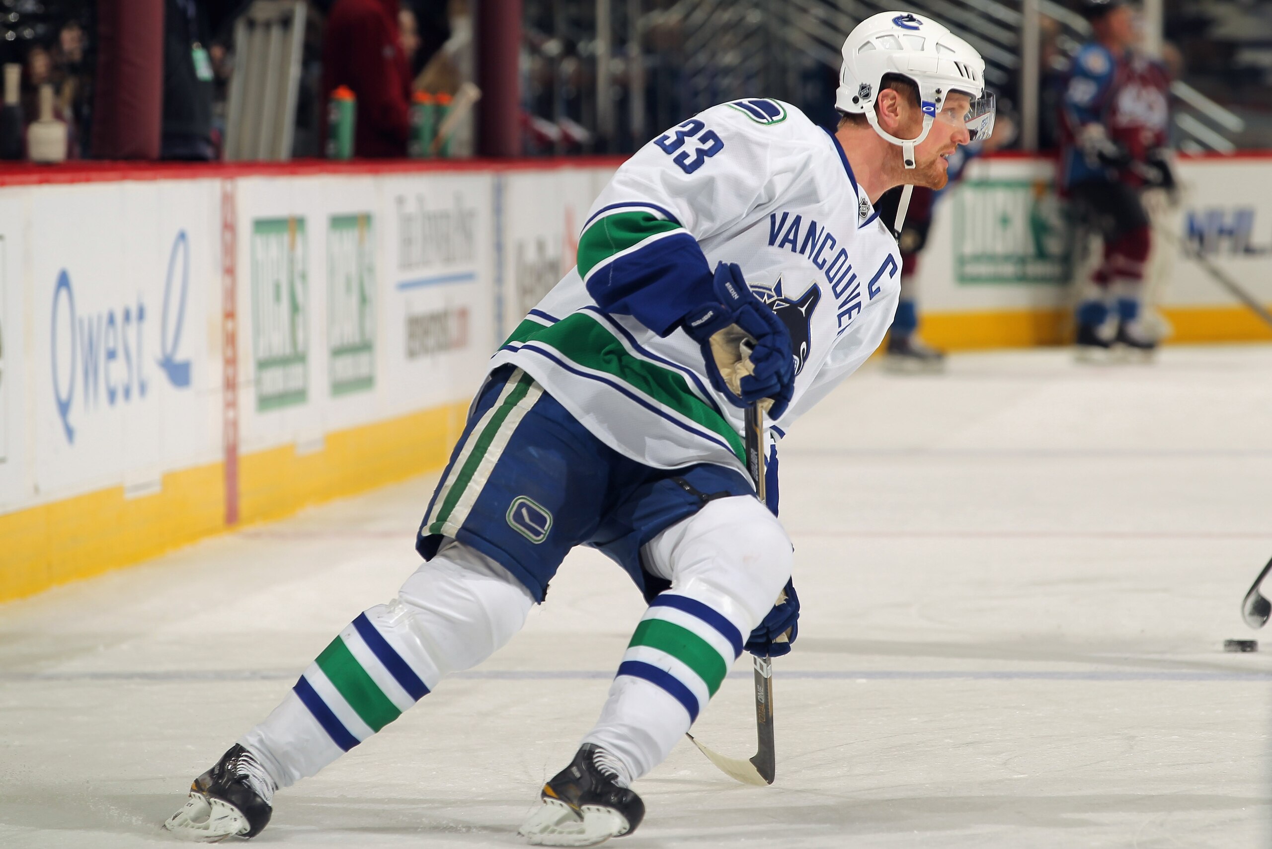 DENVER, CO - JANUARY 18:  Henrik Sedin #33 of the Vancouver Canucks warms up prior to facing the Colorado Avalanche at the Pepsi Center on January 18, 2011 in Denver, Colorado. The Avalanche defeated the Canucks 4-3 in overtime.  (Photo by Doug Pensinger/