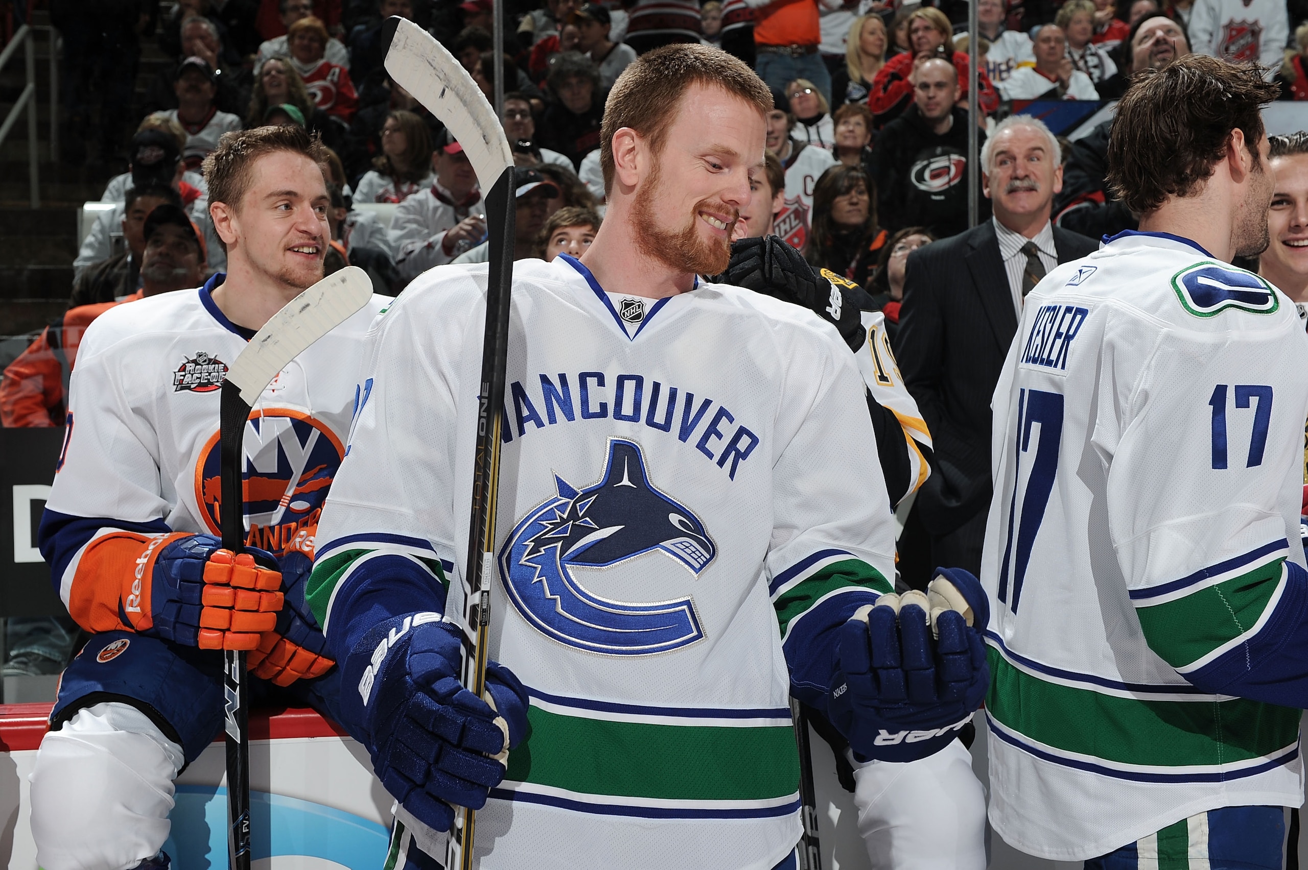 RALEIGH, NC - JANUARY 29:  Daniel Sedin #22 of the Vancouver Canucks celebrates as he wins the accuracy shooting section during the Honda NHL SuperSkills competition part of 2011 NHL All-Star Weekend at the RBC Center on January 29, 2011 in Raleigh, North