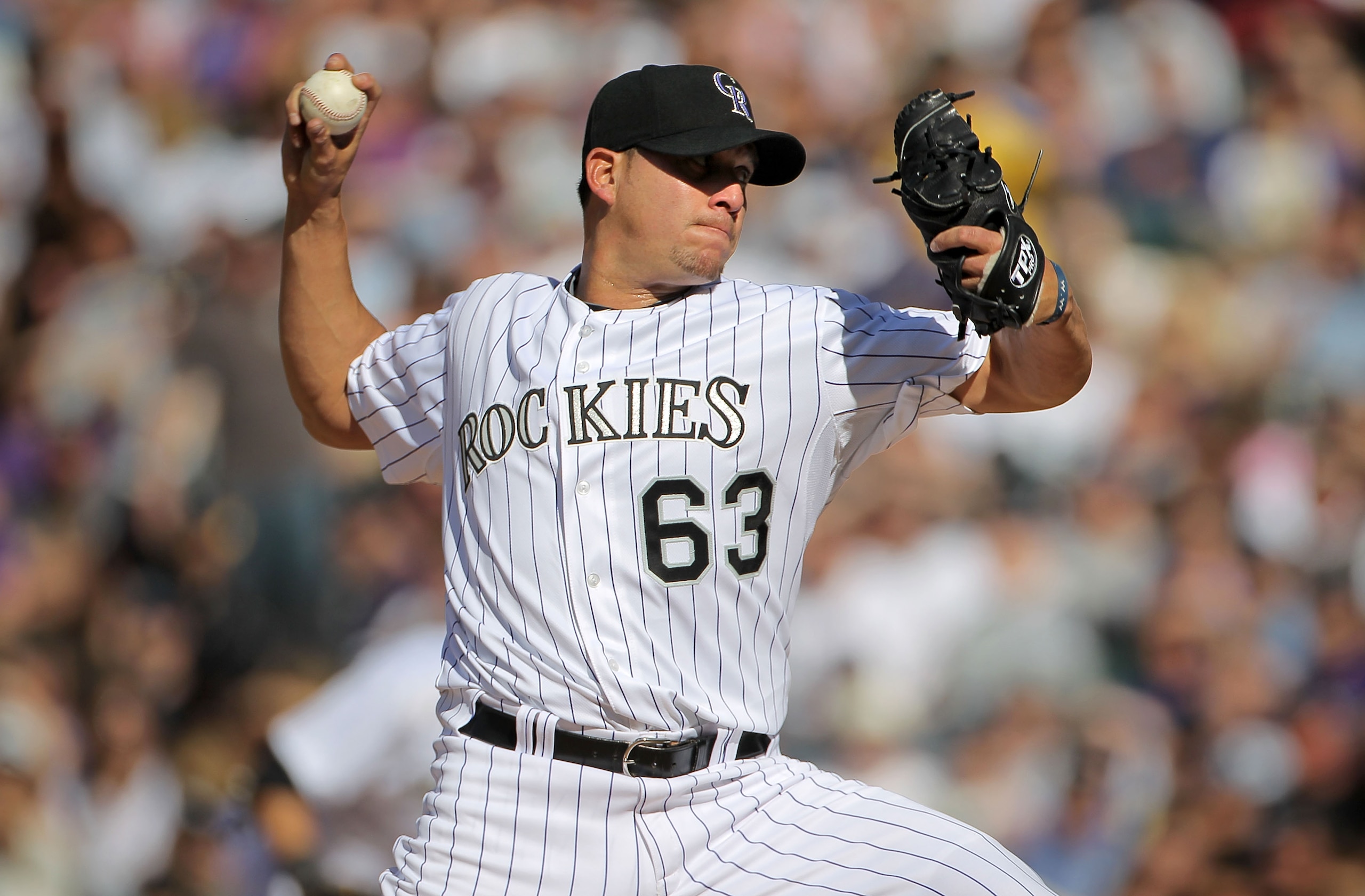DENVER - APRIL 09:  Relief pitcher Rafael Betancourt #63 of the Colorado Rockies delivers against the San Diego Padres in the ninth inning during MLB action on Opening Day at Coors Field on April 9, 2010 in Denver, Colorado. The Rockies defeated the Padre