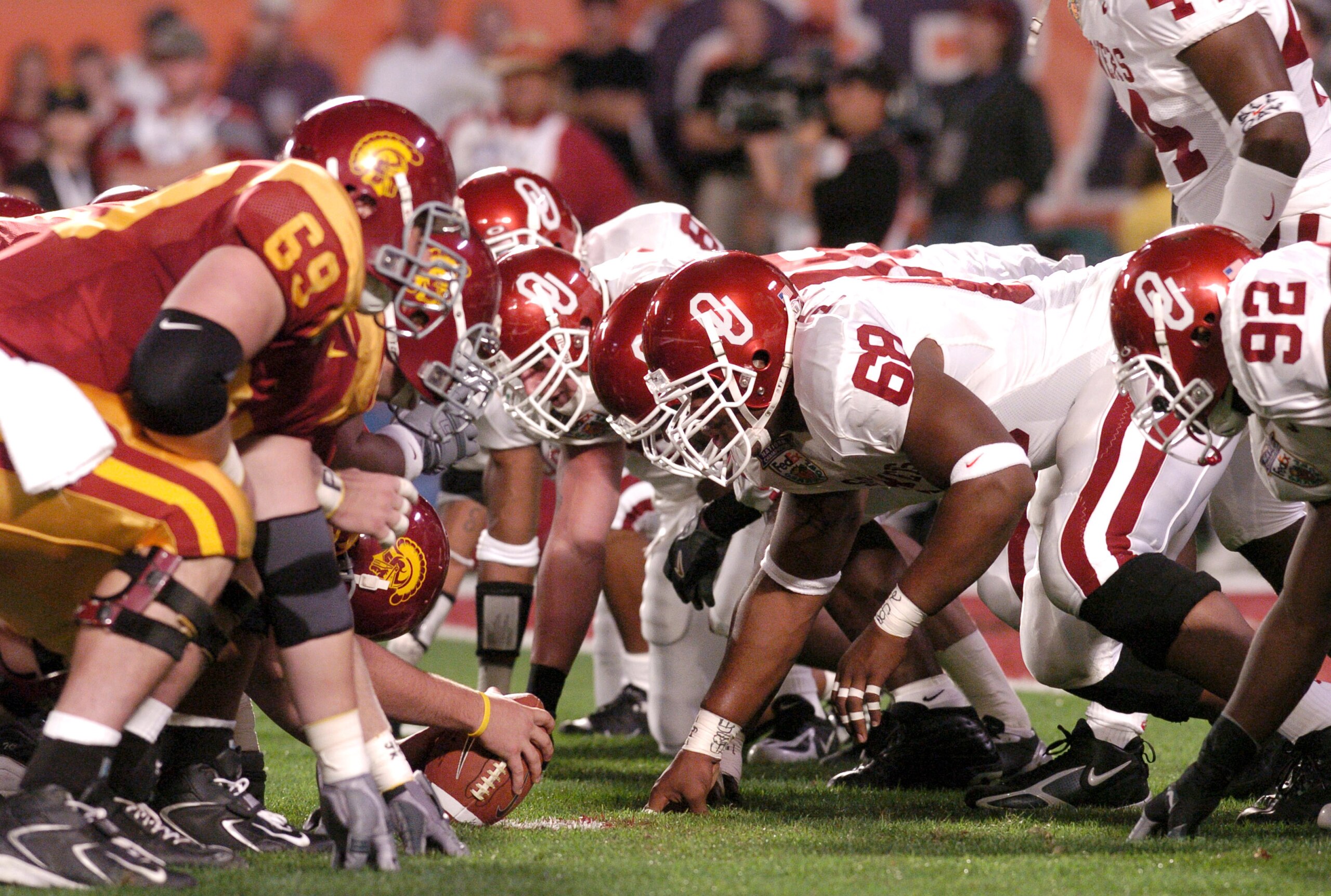 USC and Oklahoma line up during first half action at the FedEx Orange Bowl National Championship at Pro Player Stadium in Miami, Florida on January 4, 2005. USC beat Oklahoma 55-19. (Photo by A. Messerschmidt/Getty Images) *** Local Caption *** USC and Oklahoma line up during first half action at the FedEx Orange Bowl National Championship at Pro Player Stadium in Miami, Florida on January 4, 2005. USC beat Oklahoma 55-19. (Photo by A. Messerschmidt/Getty Images) *** Local Caption ***