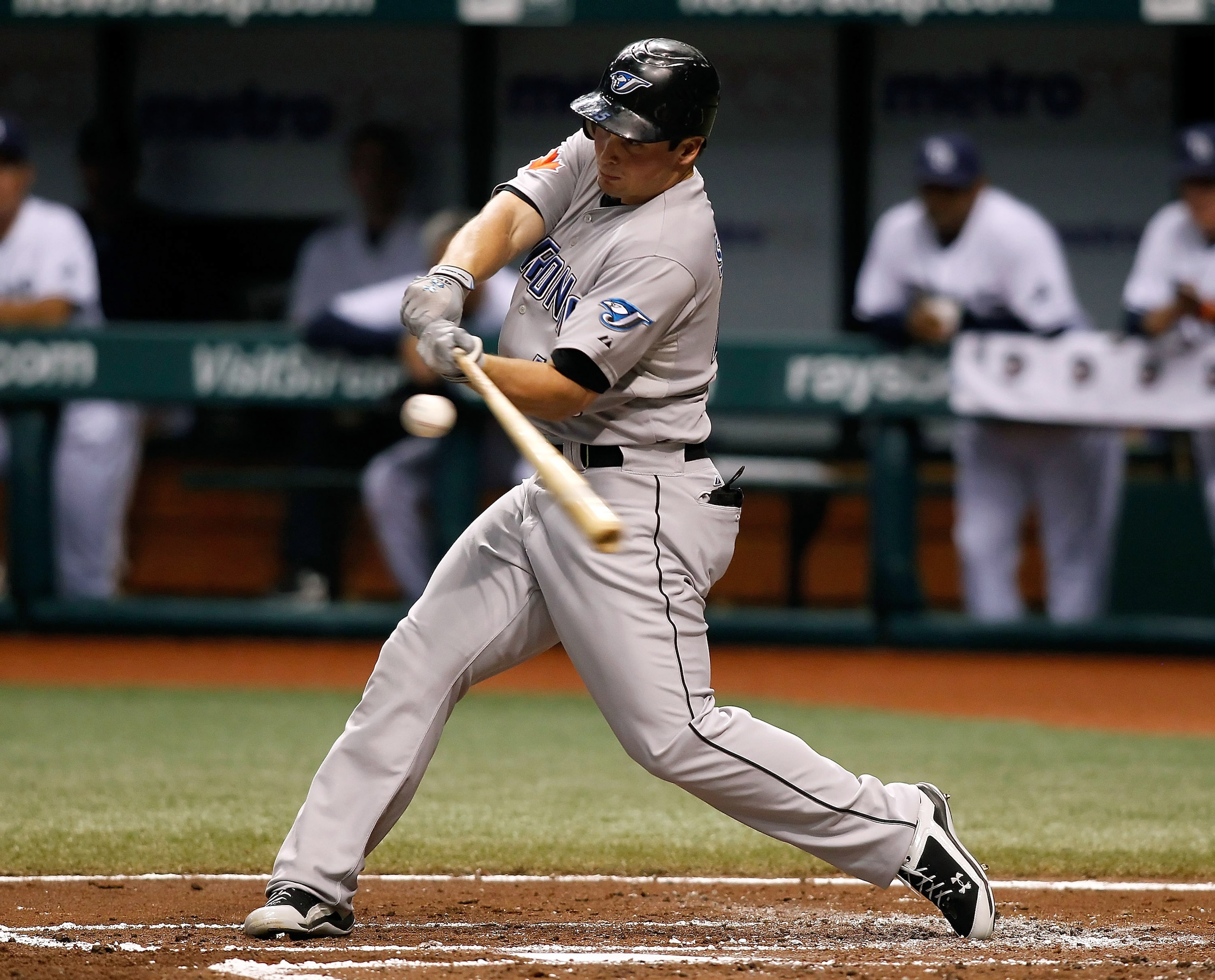 ST PETERSBURG, FL - AUGUST 31:  Outfielder Travis Snider #45 of the Toronto Blue Jays fouls off a pitch against the Tampa Bay Rays during the game at Tropicana Field on August 31, 2010 in St. Petersburg, Florida.  (Photo by J. Meric/Getty Images)