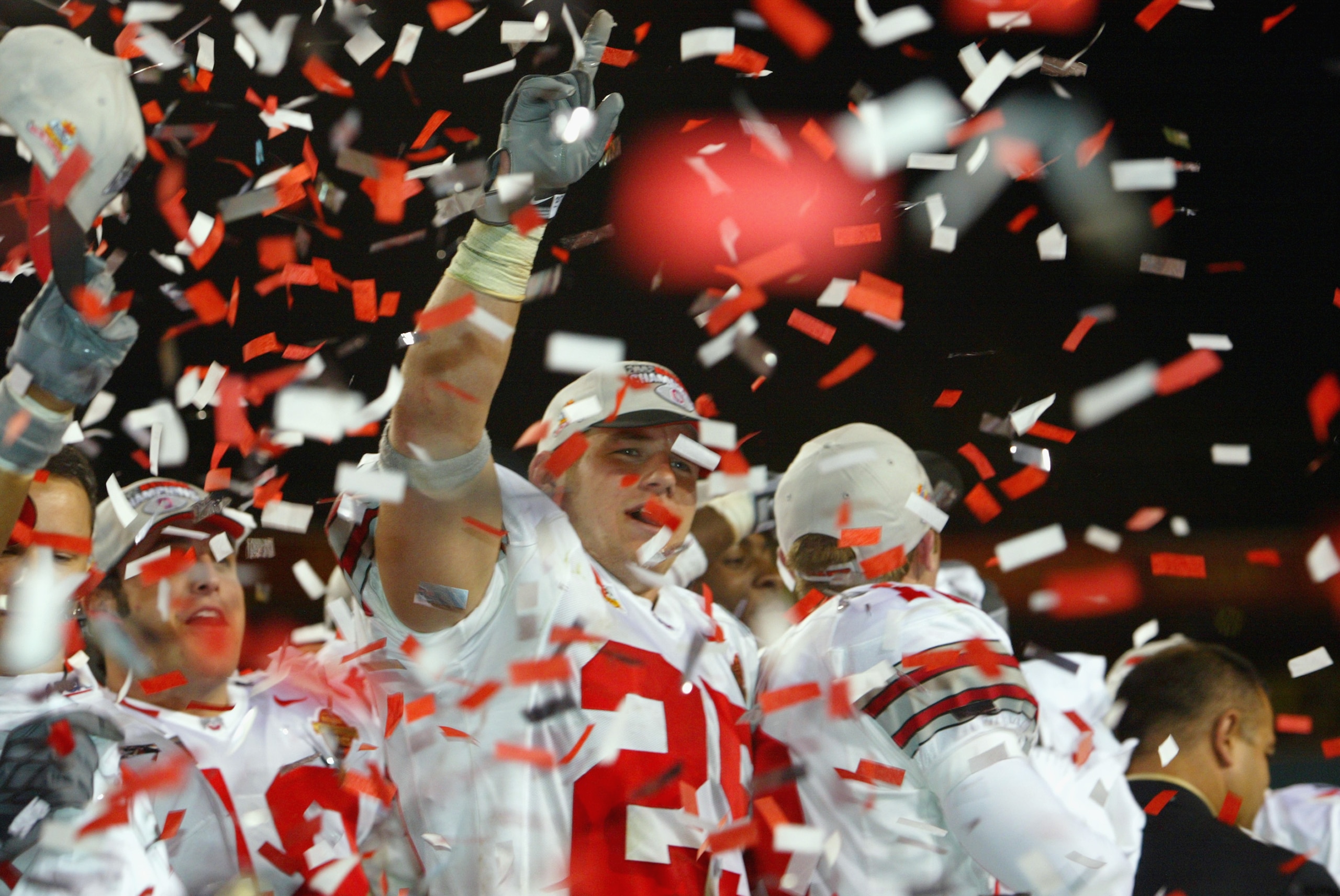 TEMPE, AZ - JANUARY 3: Free Safety Donnie Nickey #25 of the Ohio State Buckeyes celebrates after defeating the Miami Hurricanes in the Tostitos Fiesta Bowl on January 3, 2003 at Sun Devil Stadium in Tempe, Arizona. Ohio State won the game 31-24 in doubl TEMPE, AZ - JANUARY 3: Free Safety Donnie Nickey #25 of the Ohio State Buckeyes celebrates after defeating the Miami Hurricanes in the Tostitos Fiesta Bowl on January 3, 2003 at Sun Devil Stadium in Tempe, Arizona. Ohio State won the game 31-24 in doubl