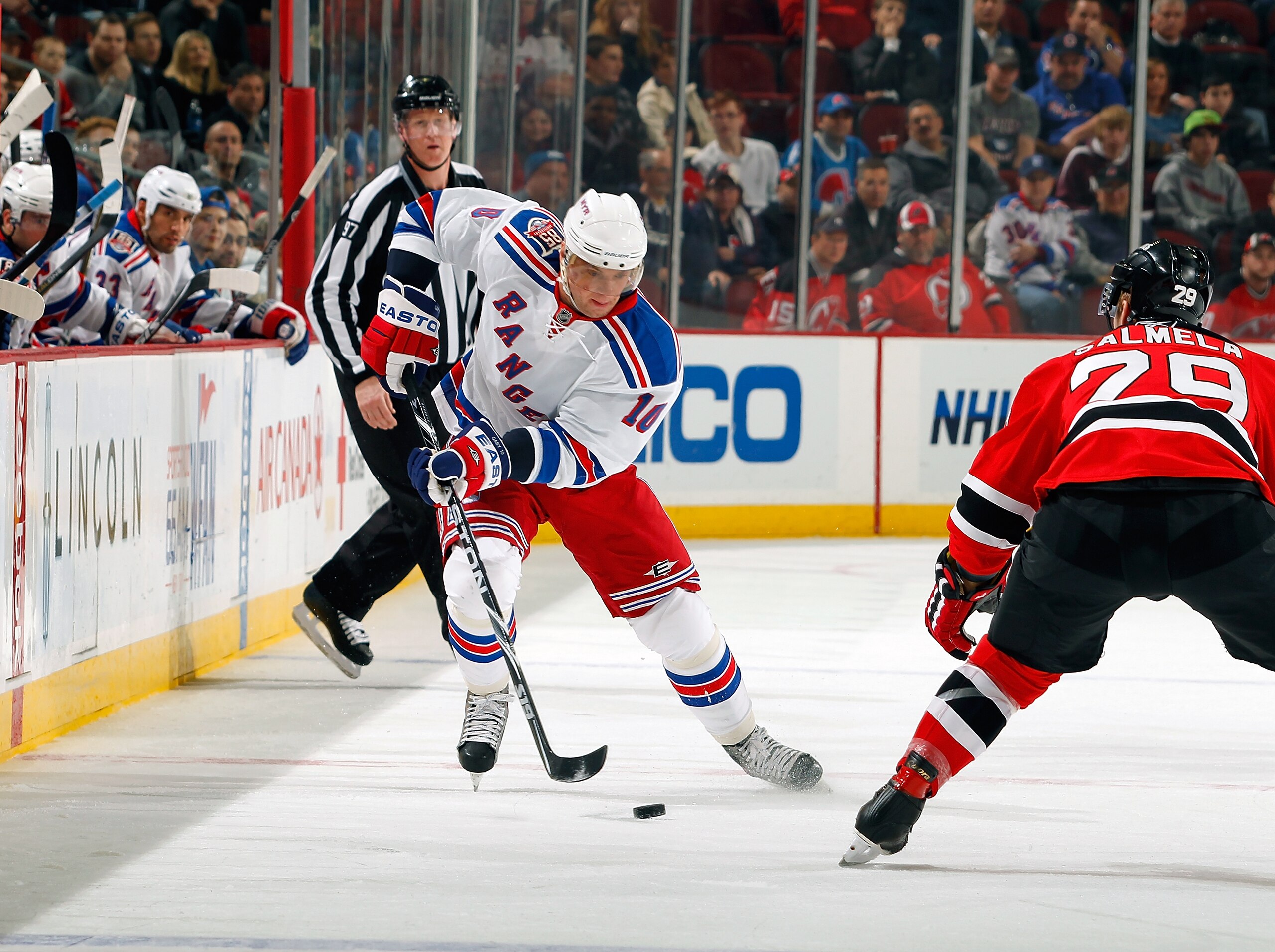 NEWARK, NJ - DECEMBER 29:  Marion Gaborik #10 of the New York Rangers skates with the puck during a game against the New Jersey Devils on December 29, 2010 at the Prudential Center in Newark, New Jersey. The Rangers won 3-1.  (Photo by Lou Capozzola/Getty