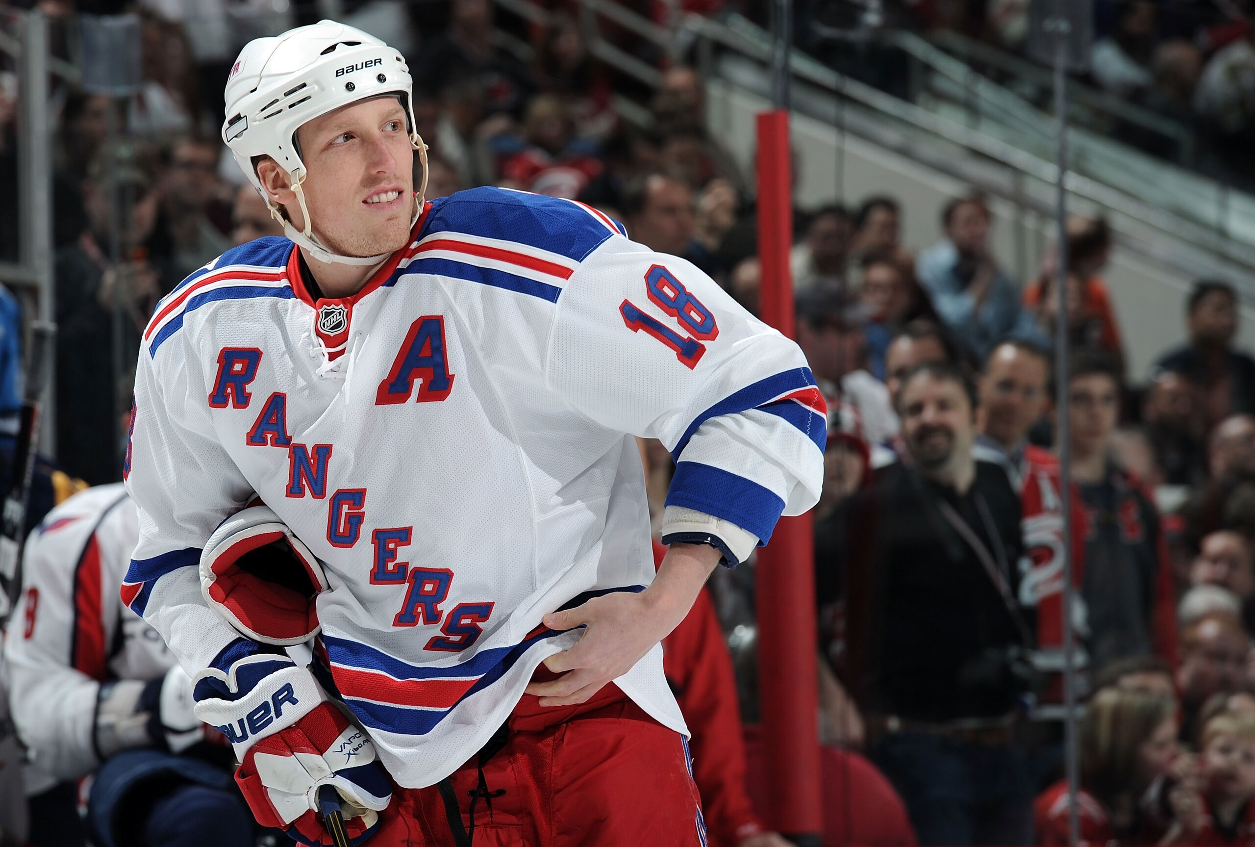 RALEIGH, NC - JANUARY 29:  Marc Staal #18 of the New York Rangers looks on during the Honda NHL SuperSkills competition part of 2011 NHL All-Star Weekend at the RBC Center on January 29, 2011 in Raleigh, North Carolina.  (Photo by Harry How/Getty Images)