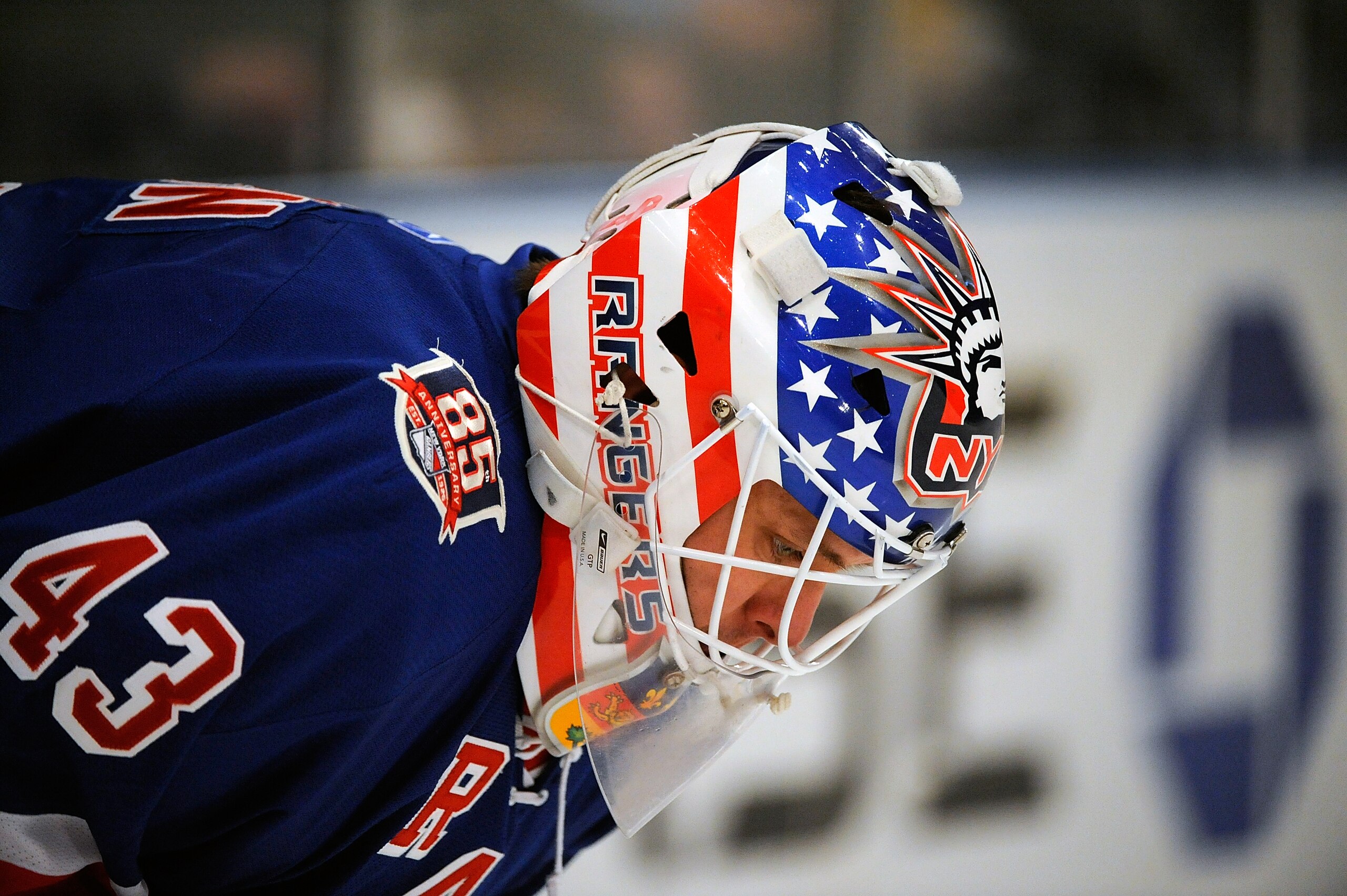 NEW YORK - NOVEMBER 22:  Martin Biron#43 of the New York Rangers in action during a game against the Calgary Flames on November 22, 2010 at Madison Square Garden in New York City.  (Photo by Lou Capozzola/Getty Images)