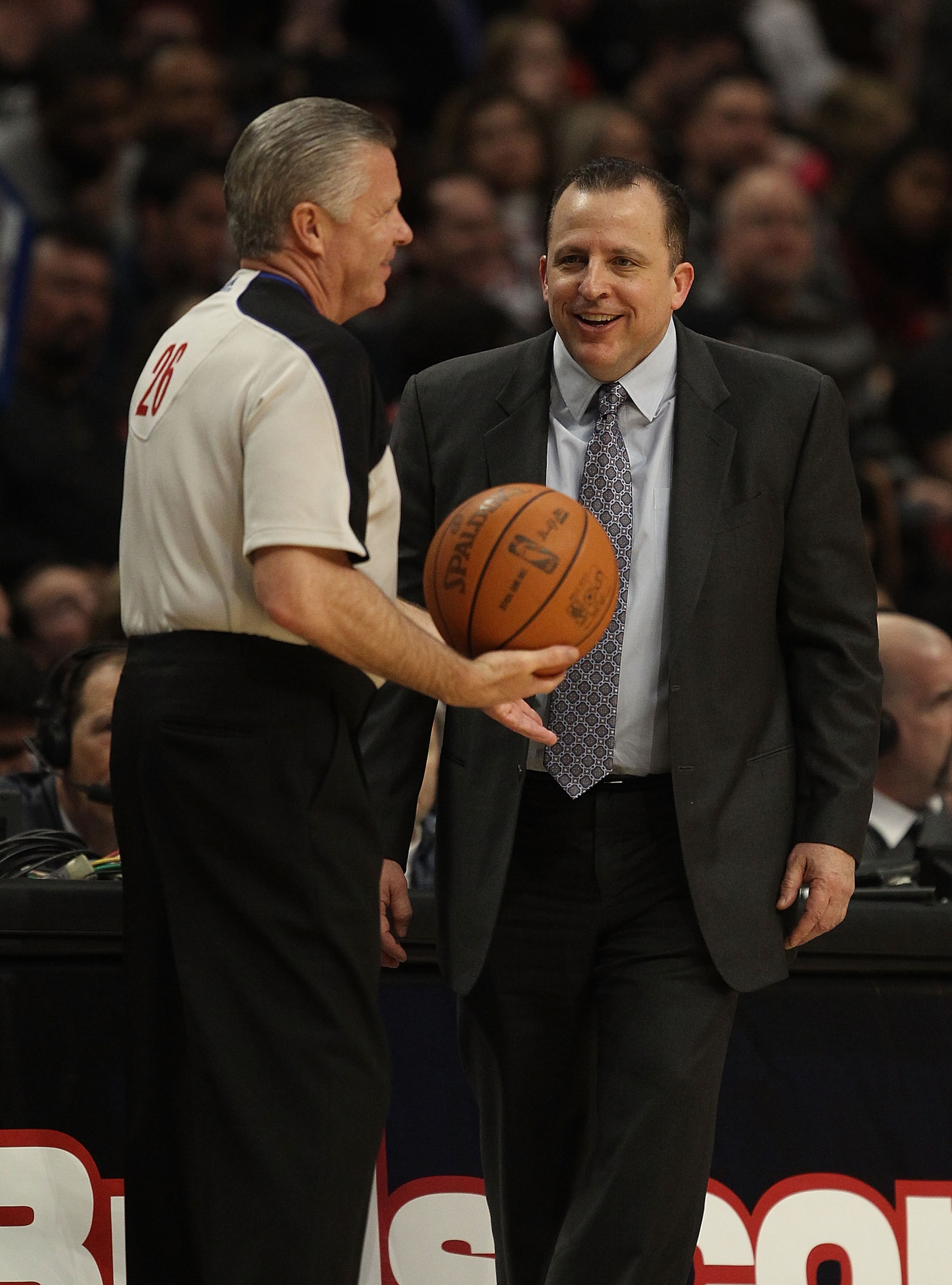 CHICAGO, IL - JANUARY 28: Head coach Tom Thibodeau of the Chicago Bulls jokes with referee Bob Delaney #26 during a game against the Orlando Magic at the United Center on January 28, 2011 in Chicago, Illinois. The Bulls defeated the Magic 99-90. NOTE TO U