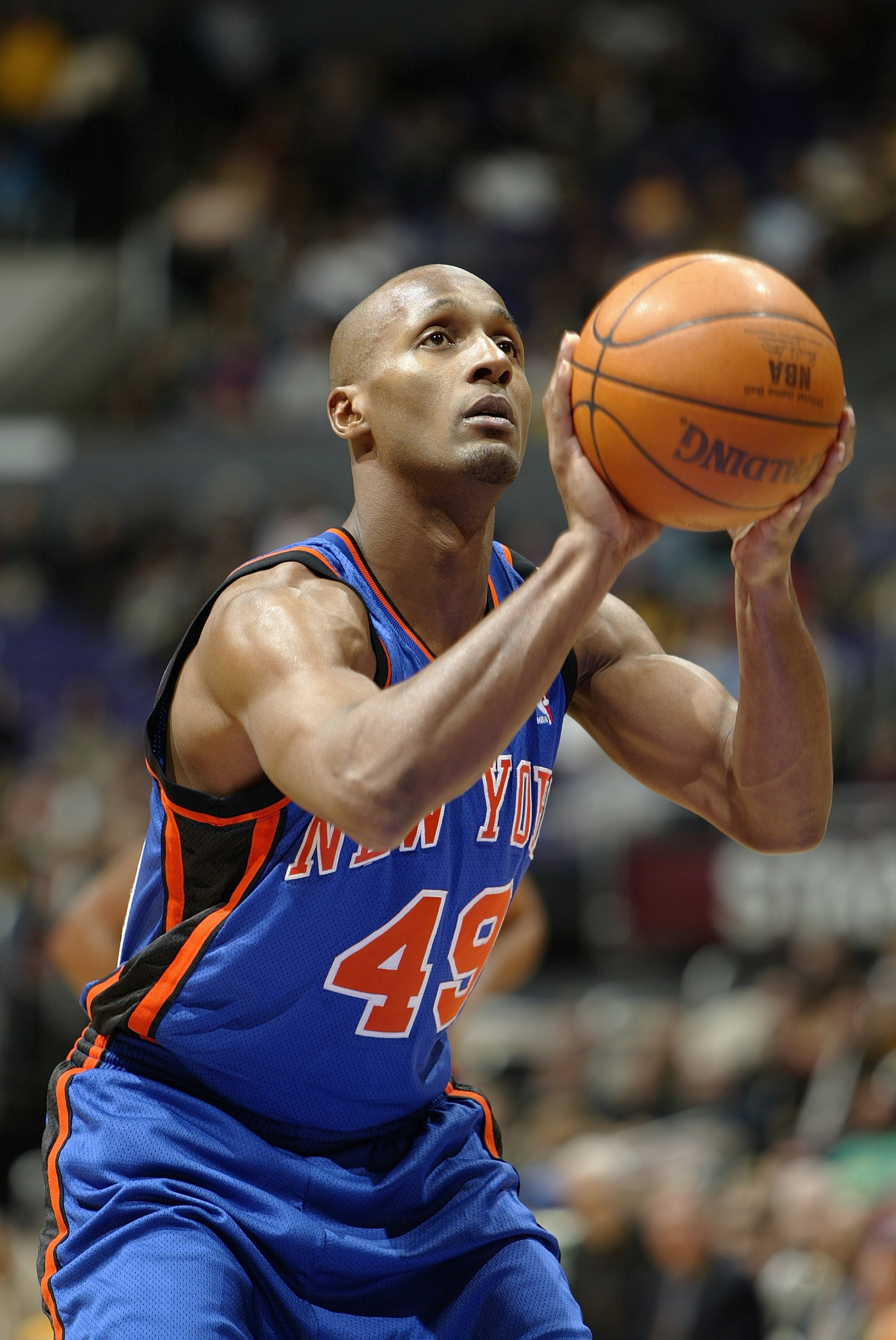 LOS ANGELES - DECEMBER 9: Shandon Anderson #49 of the New York Knicks shoots a free throw during the game against the Los Angeles Lakers on December 9, 2003 at Staples Center in Los Angeles, California. The Lakers won 98-90. NOTE TO USER: User expressl LOS ANGELES - DECEMBER 9: Shandon Anderson #49 of the New York Knicks shoots a free throw during the game against the Los Angeles Lakers on December 9, 2003 at Staples Center in Los Angeles, California. The Lakers won 98-90. NOTE TO USER: User expressl