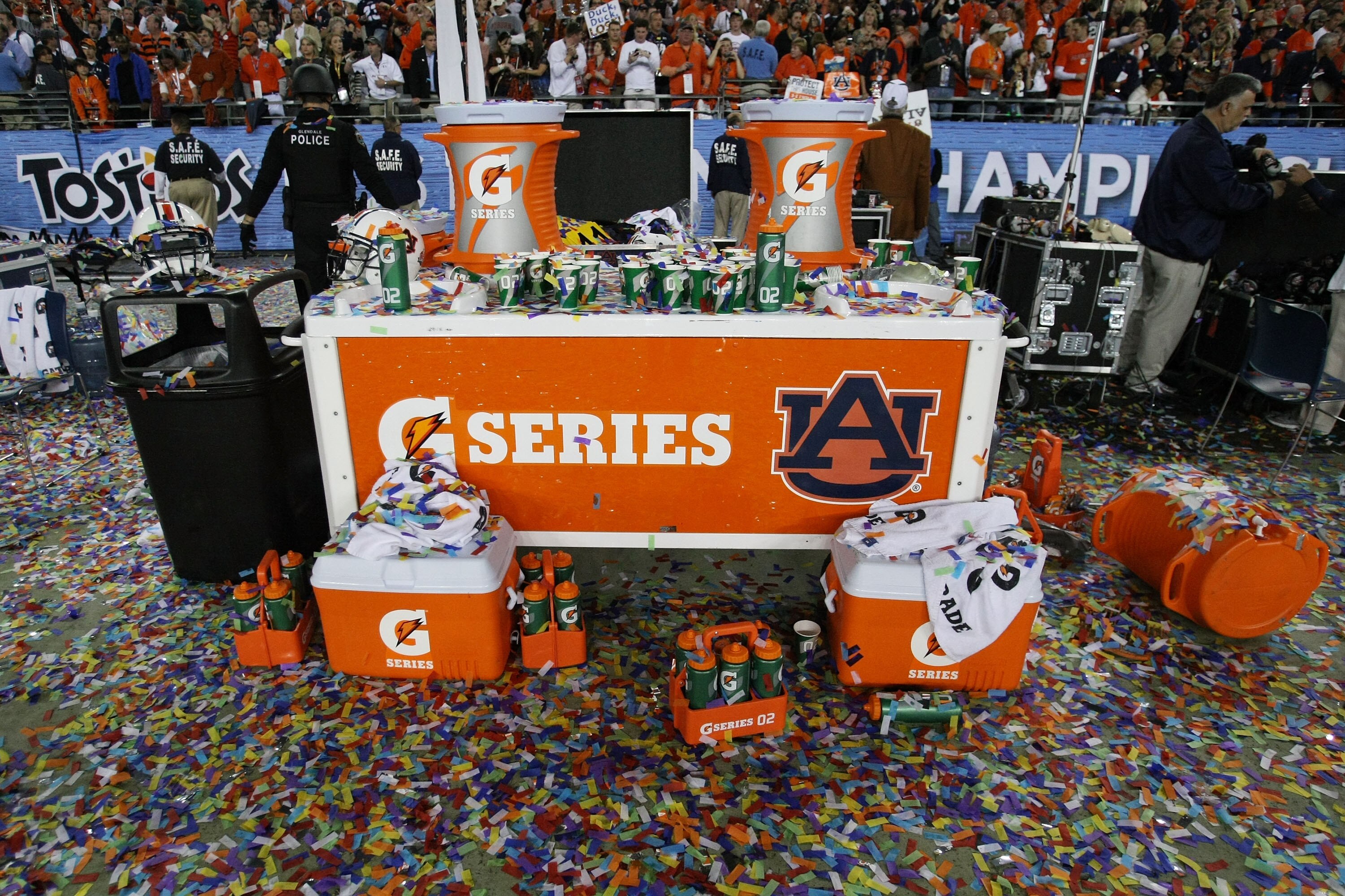 GLENDALE, AZ - JANUARY 10:  Gatorade products sit on the sideline after the Auburn Tigers defeated the Oregon Ducks 22 to 19 during the Tostitos BCS National Championship Game at University of Phoenix Stadium on January 10, 2011 in Glendale, Arizona.  (Ph