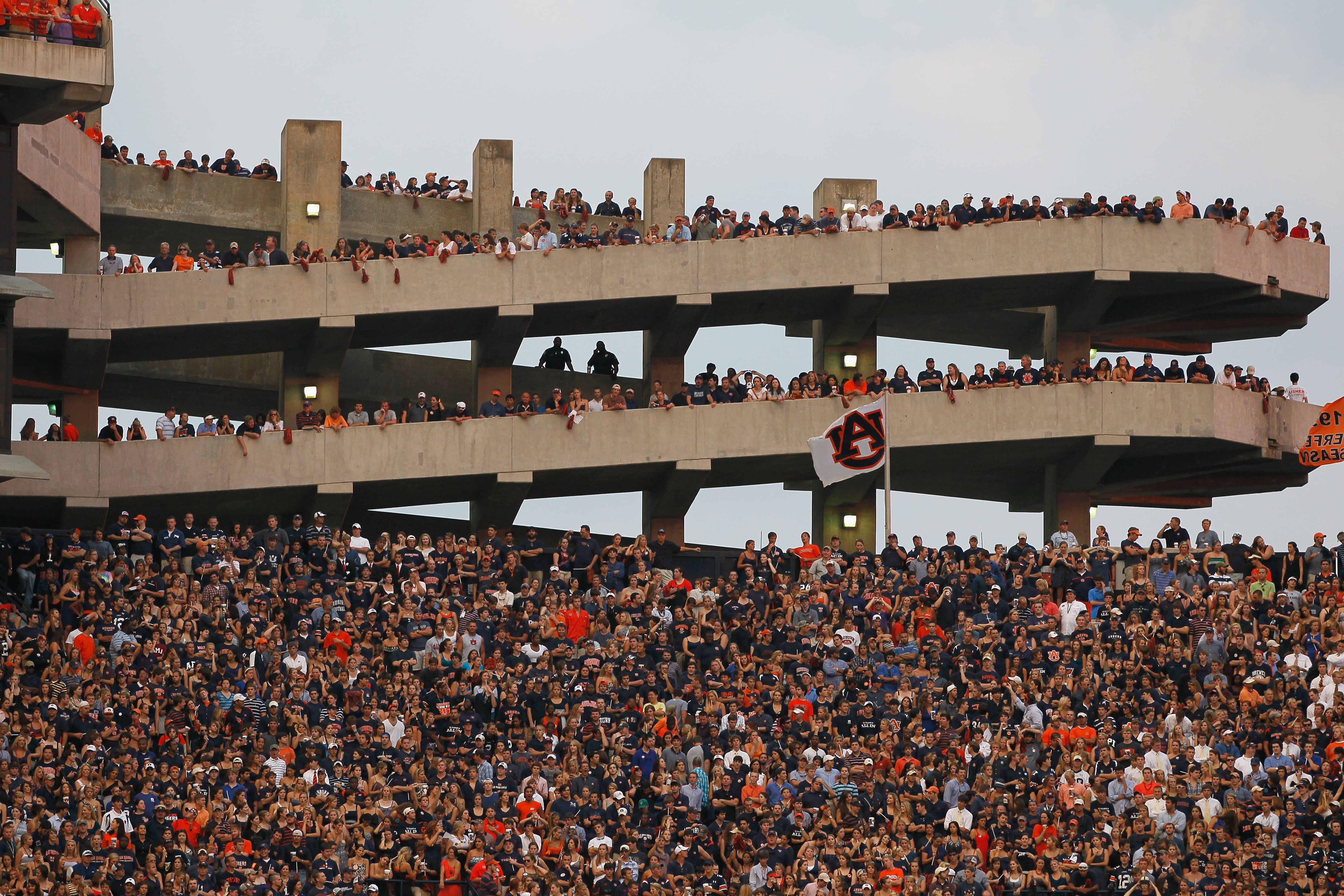 AUBURN, AL - SEPTEMBER 18:  Fans at Jordan-Hare Stadium watch the game between the Auburn Tigers and the Clemson Tigers on September 18, 2010 in Auburn, Alabama.  (Photo by Kevin C. Cox/Getty Images)