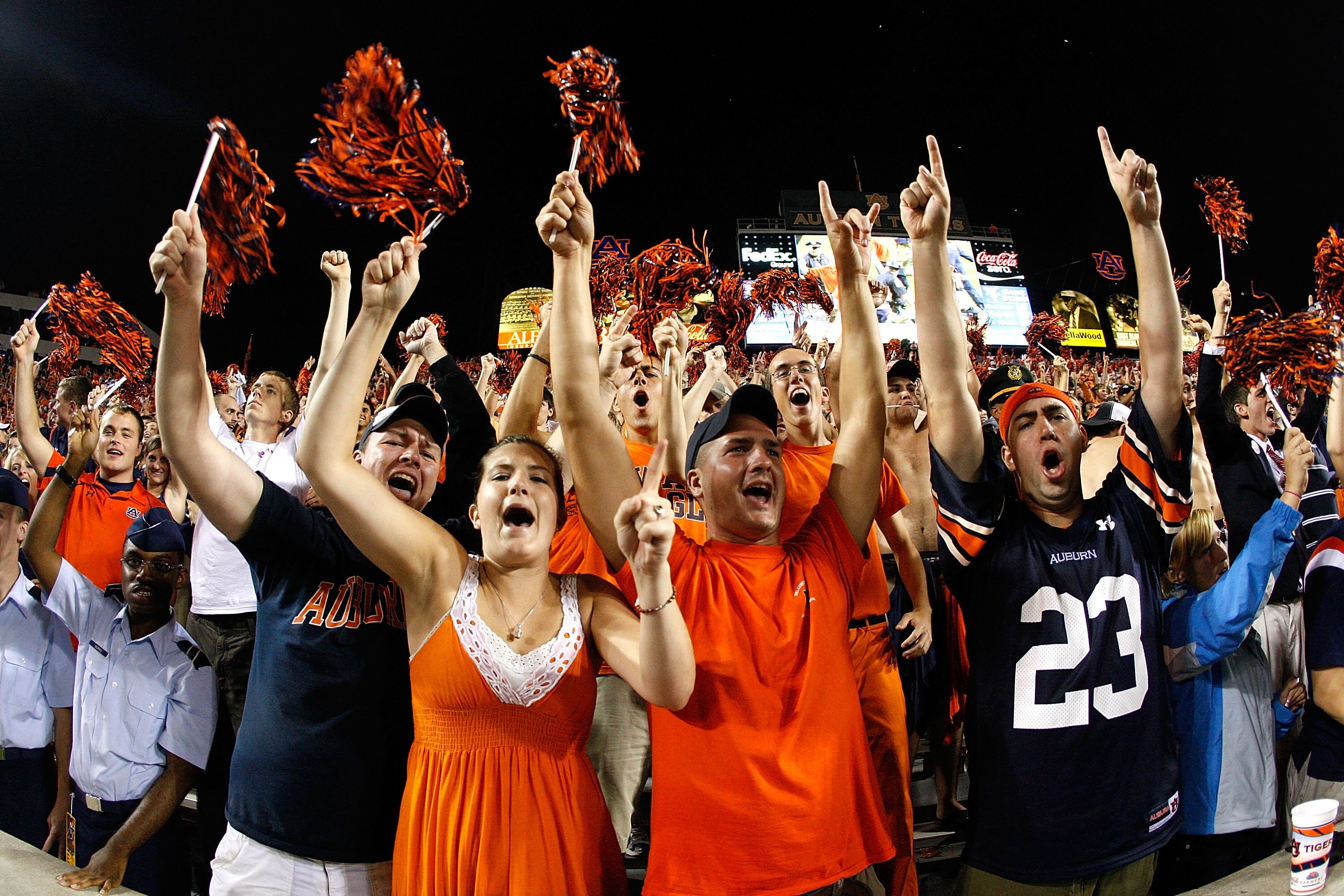AUBURN, AL - SEPTEMBER 19:  Fans of the Auburn Tigers cheer against the West Virginia Mountaineers at Jordan-Hare Stadium on September 19, 2009 in Auburn, Alabama.  (Photo by Kevin C. Cox/Getty Images)