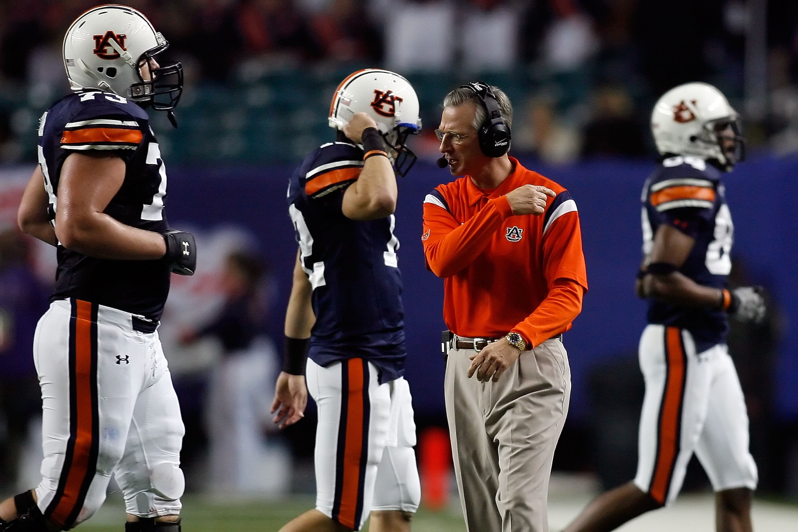 ATLANTA - DECEMBER 31: Head coach Tommy Tuberville of the Auburn University Tigers reacts to a play against the Clemson Univeristy Tigers during the Chick-Fil-A Bowl on December 31, 2007 at the Georgia Dome in Atlanta, Georgia. Auburn defeated Clemson 23-