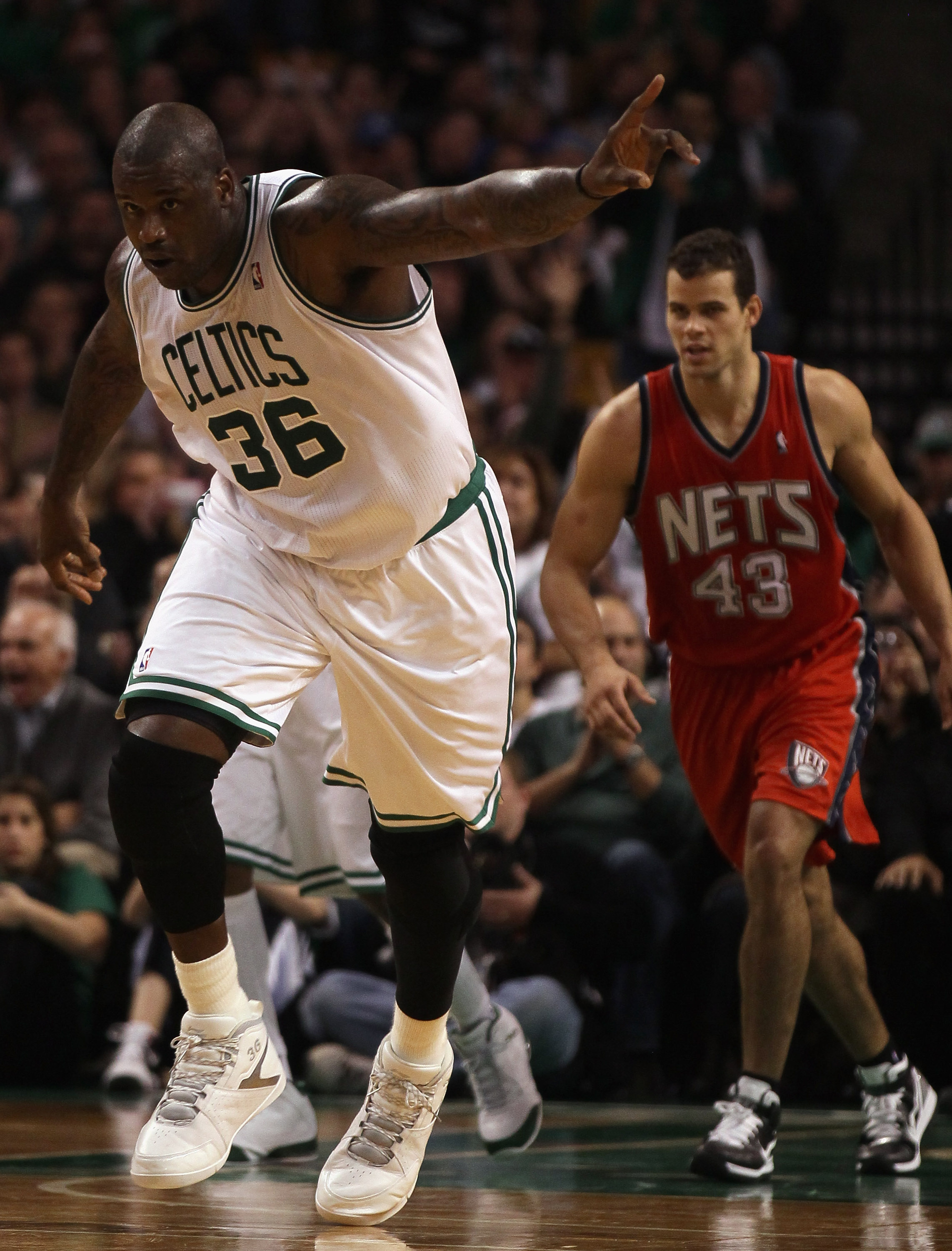 BOSTON - NOVEMBER 24:  Shaquille O'Neal #36 of the Boston Celtics celebrates his basket in the fourth quarter against the New Jersey Nets on November 24, 2010 at the TD Garden in Boston, Massachusetts. The Celtics defeated the nets 89-83. NOTE TO USER: Us
