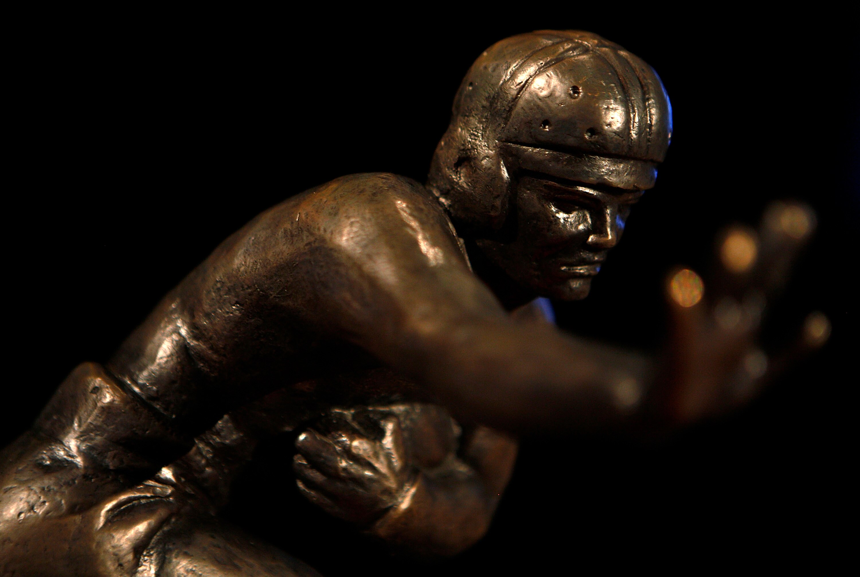 NEW YORK - DECEMBER 11:  The 2010 Heisman Trophy is displayed prior to a press conference for Heisman Trophy candidates at The New York Marriott Marquis on December 11, 2010 in New York City.  (Photo by Jeff Zelevansky/Getty Images)