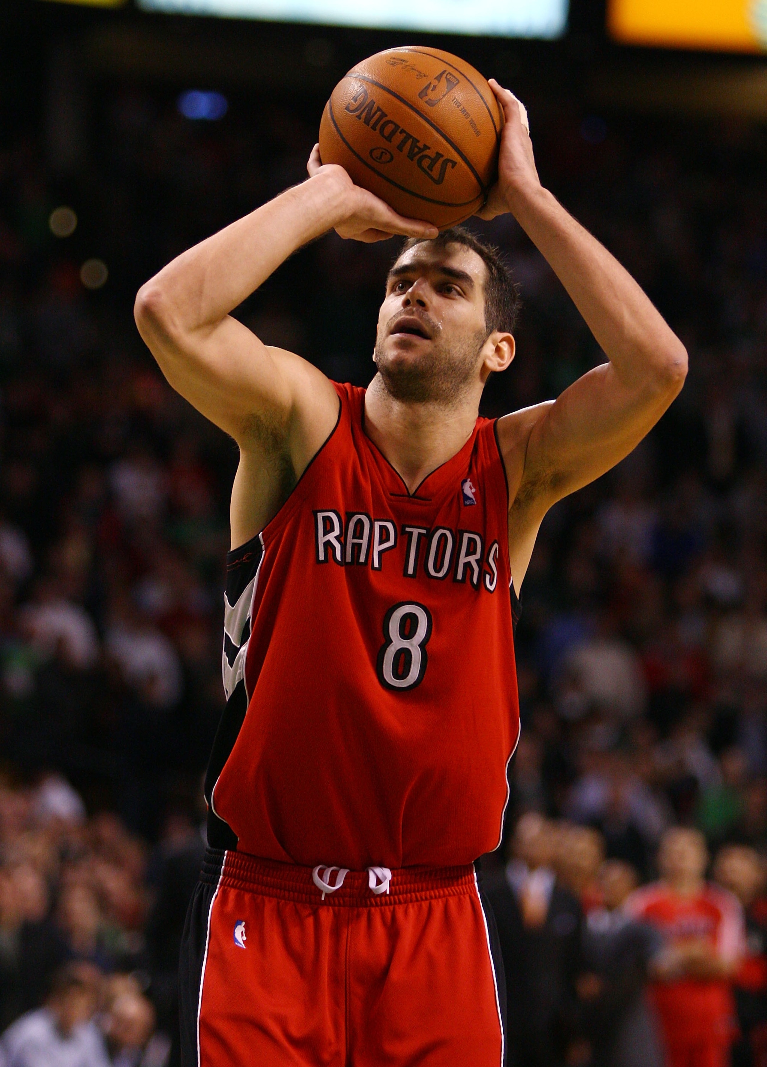 BOSTON - JANUARY 23:  Jose Calderon #8 of the Toronto Raptors shoots a free throw in the final mintues of the game on January 23, 2008 at the TD Banknorth Garden in Boston, Massachusetts. The Raptors defeated the Boston Celtics 114-112. NOTE TO USER: User