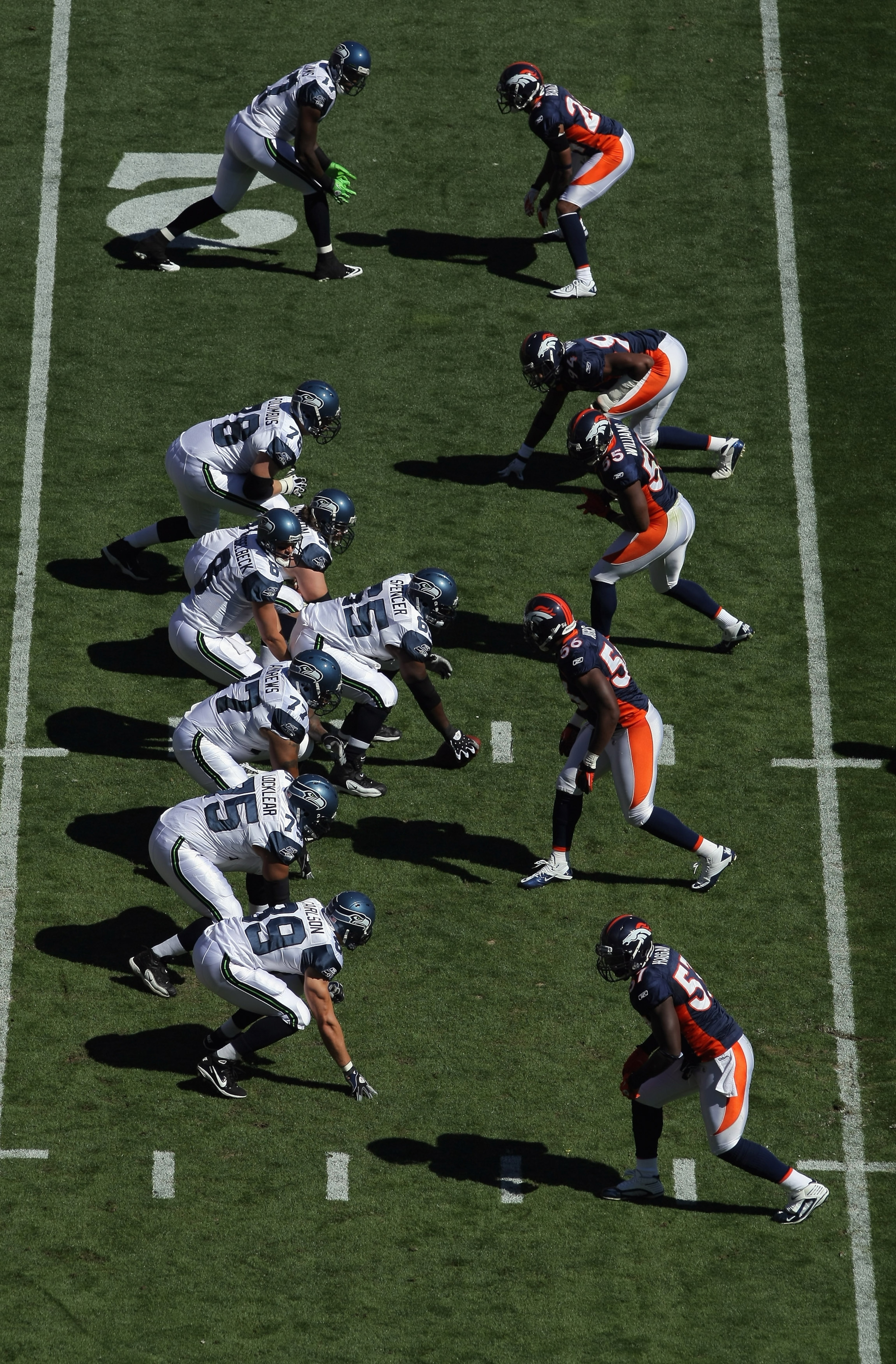 DENVER - SEPTEMBER 19:  A general view of the field as the Seattle Seahawks offense takes on the Denver Broncos defense at INVESCO Field at Mile High on September 19, 2010 in Denver, Colorado. The Broncos defeated the Seahawks 31-14.  (Photo by Doug Pensi