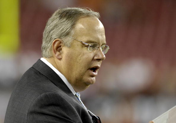 TAMPA, FL - OCTOBER 19: President Tim Ruskell of the Seattle Seahawks watches warmups before play against the Tampa Bay Buccaneers at Raymond James Stadium on October 19, 2008 in Tampa, Florida.  (Photo by Al Messerschmidt/Getty Images)