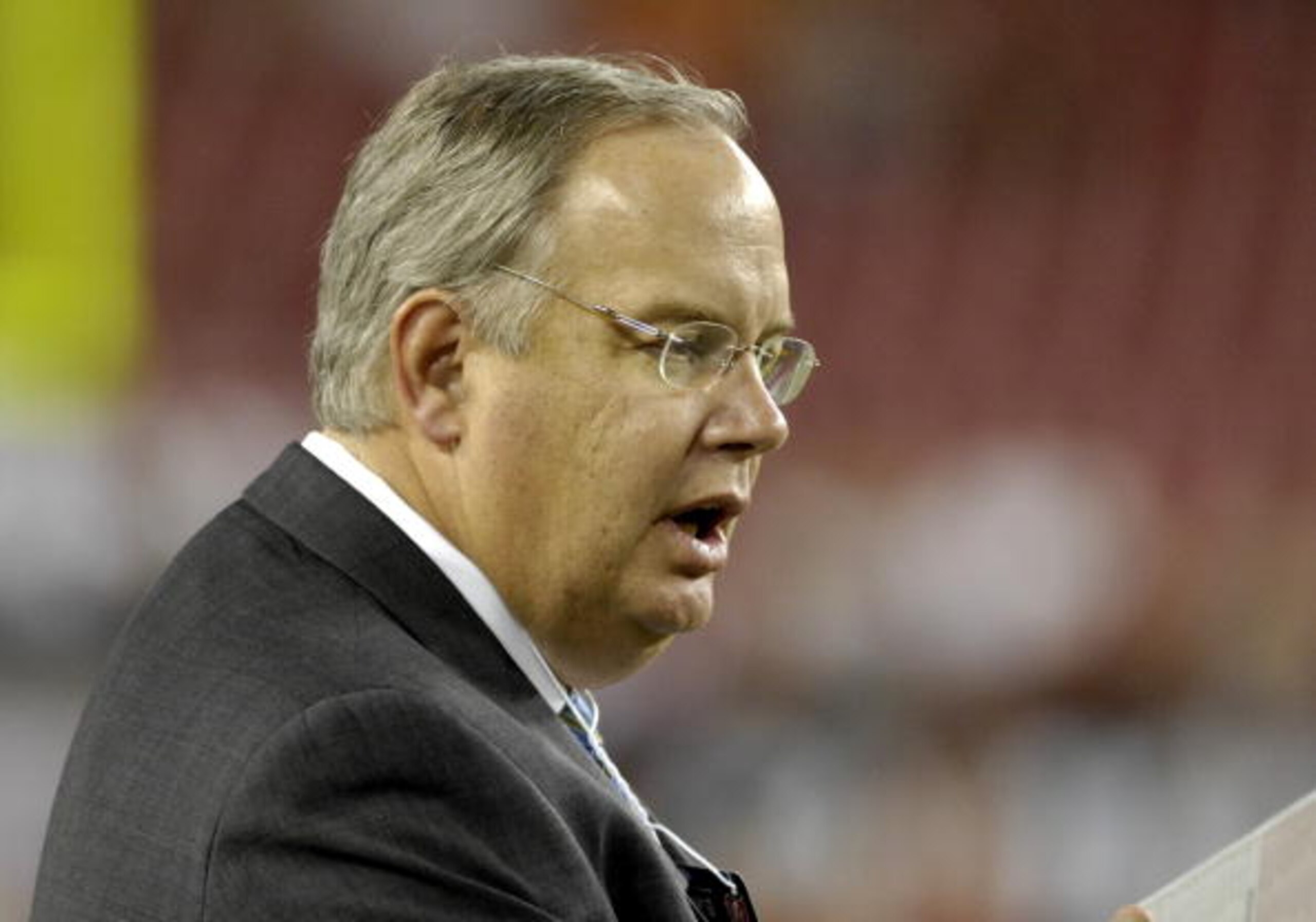 TAMPA, FL - OCTOBER 19: President Tim Ruskell of the Seattle Seahawks watches warmups before play against the Tampa Bay Buccaneers at Raymond James Stadium on October 19, 2008 in Tampa, Florida.  (Photo by Al Messerschmidt/Getty Images)
