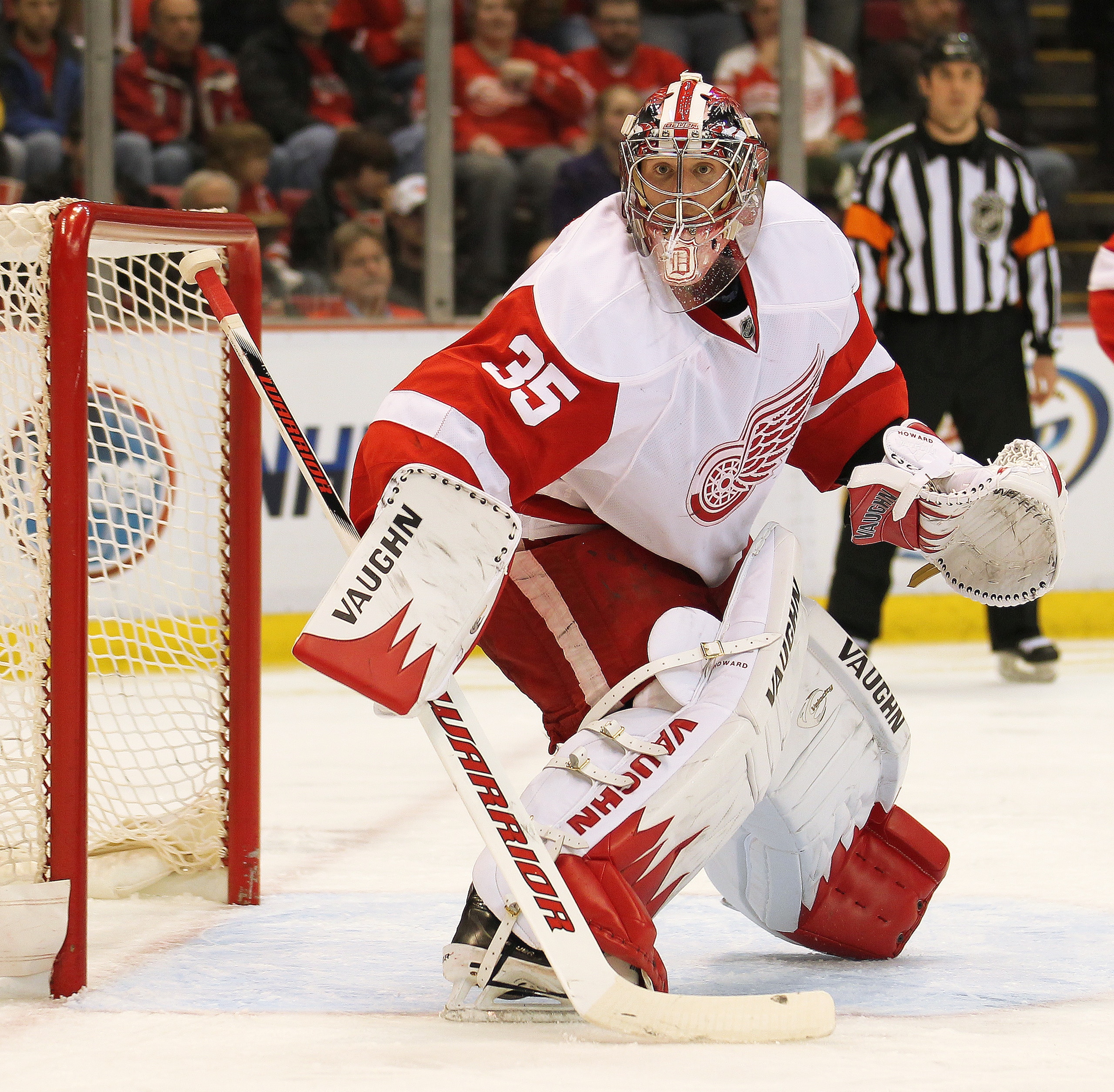 DETROIT, MI - JANUARY 22:  Jimmy Howard #35 of the Detroit Red Wings watches the play in a game against the Chicago Black Hawks on January 22, 2011 at the Joe Louis Arena in Detroit, Michigan. The Hawks defeated the Wings 4-1. (Photo by Claus Andersen/Get