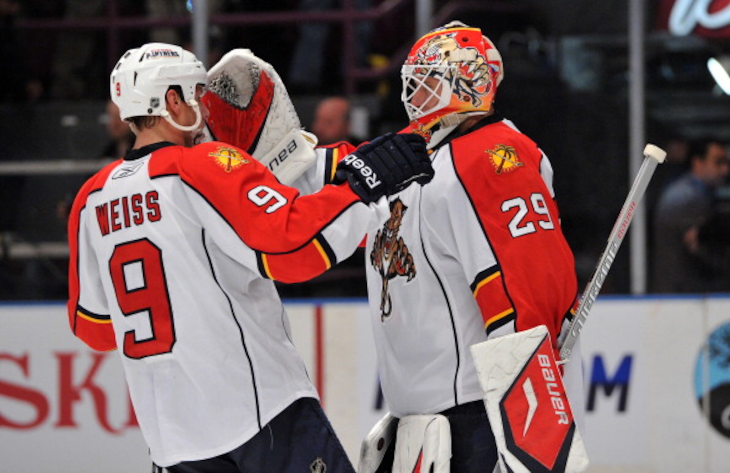 NEW YORK, NY - JANUARY 25: Tomas Vokoun #29 of the Florida Panthers is congratulated by Stephen Weiss #9 after defeating the New York Rangers 4-3 at Madison Square Garden on January 25, 2011 in New York City. The Panthers defeated the 4-3. (Photo by Chris