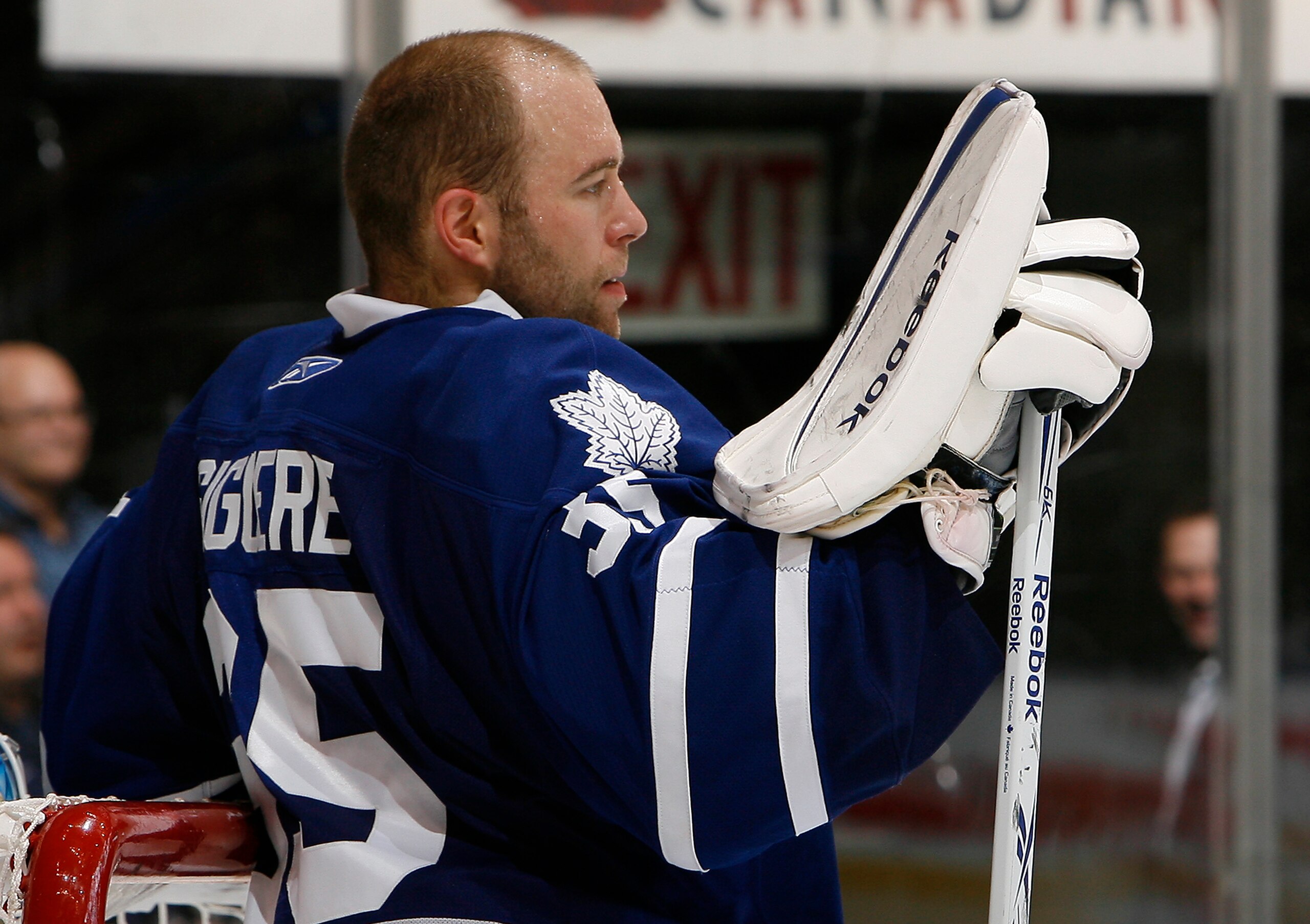 TORONTO, CANADA - DECEMBER 9: Jean-Sebastien Giguere #35 of the Toronto Maple Leafs looks down ice a stoppage in play during game action at the Air Canada Centre against the Philadelphia Flyers December 9, 2010 in Toronto, Ontario, Canada. (Photo by Abeli TORONTO, CANADA - DECEMBER 9: Jean-Sebastien Giguere #35 of the Toronto Maple Leafs looks down ice a stoppage in play during game action at the Air Canada Centre against the Philadelphia Flyers December 9, 2010 in Toronto, Ontario, Canada. (Photo by Abeli