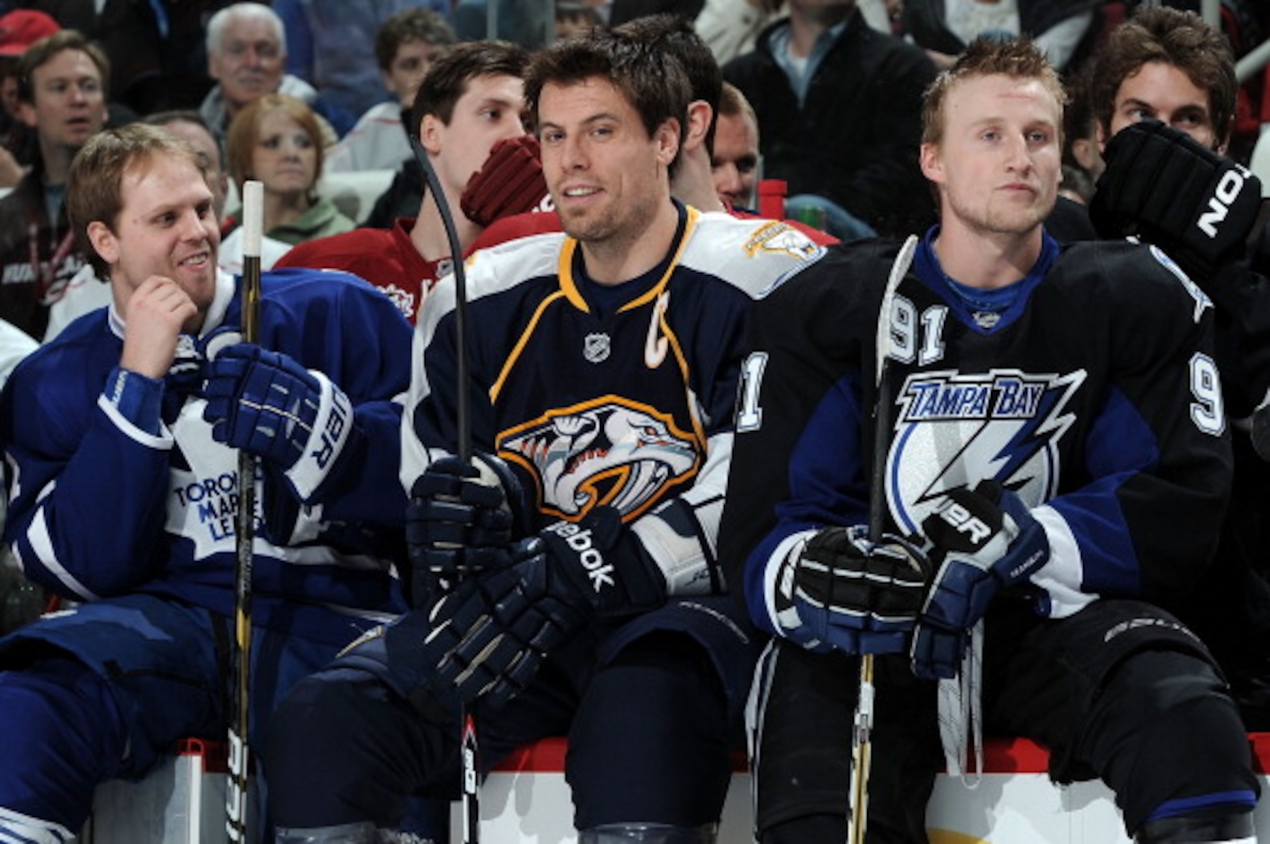 RALEIGH, NC - JANUARY 29: Phil Kessel #81 of the Toronto Maple Leafs, Shea Weber #6 of the Nashville Predators and Steven Stamkos #91 of the Tampa Bay Lightning look on during the Honda NHL SuperSkills competition part of 2011 NHL All-Star Weekend at the RALEIGH, NC - JANUARY 29: Phil Kessel #81 of the Toronto Maple Leafs, Shea Weber #6 of the Nashville Predators and Steven Stamkos #91 of the Tampa Bay Lightning look on during the Honda NHL SuperSkills competition part of 2011 NHL All-Star Weekend at the