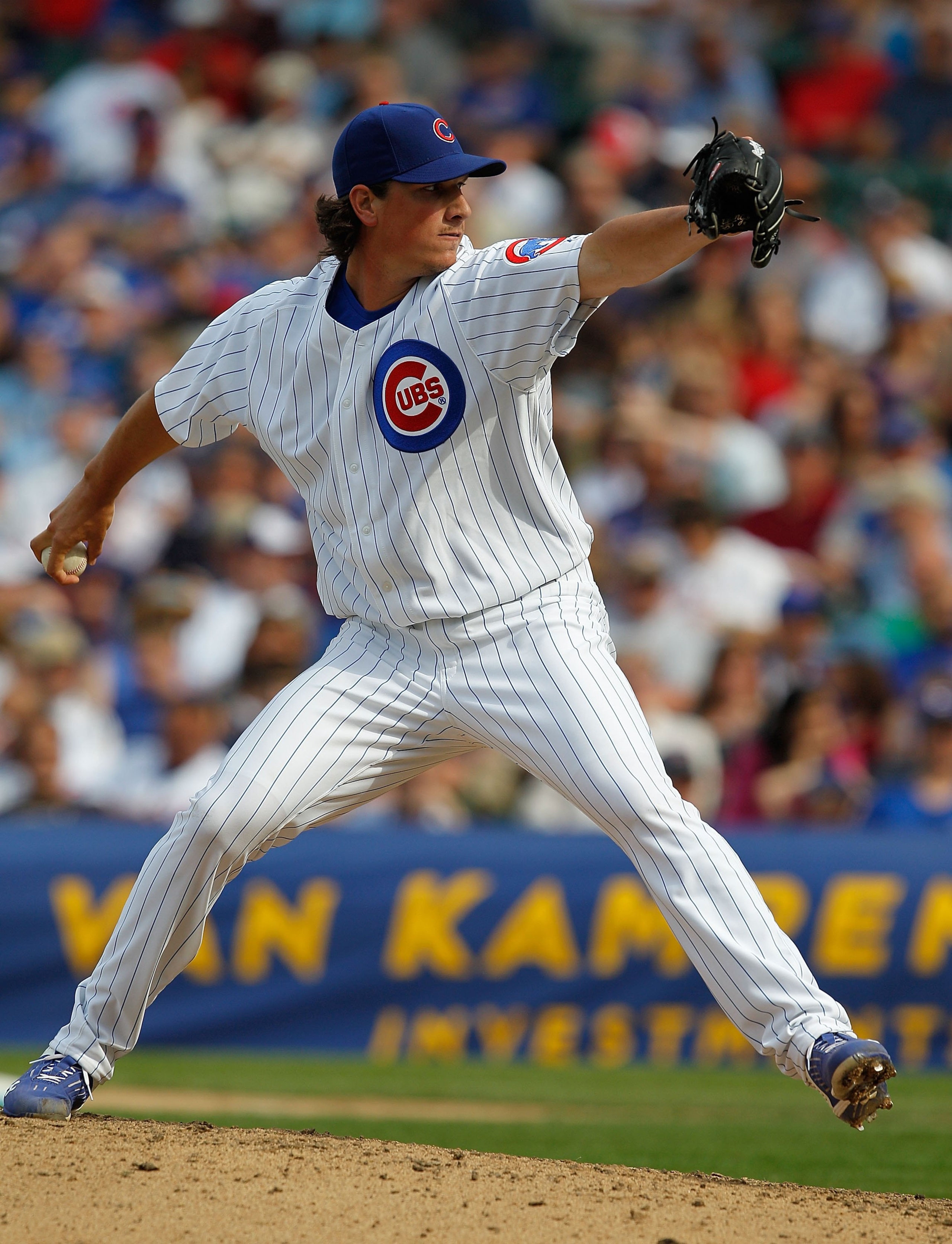 CHICAGO - APRIL 15: Jeff Samardzija of the Chicago Cubs, wearing a number 42 jersey in honor of Jackie Robinson, delivers the ball against the Milwaukee Brewers at Wrigley Field on April 15, 2010 in Chicago, Illinois. The Brewers defeated the Cubs 8-6. (P