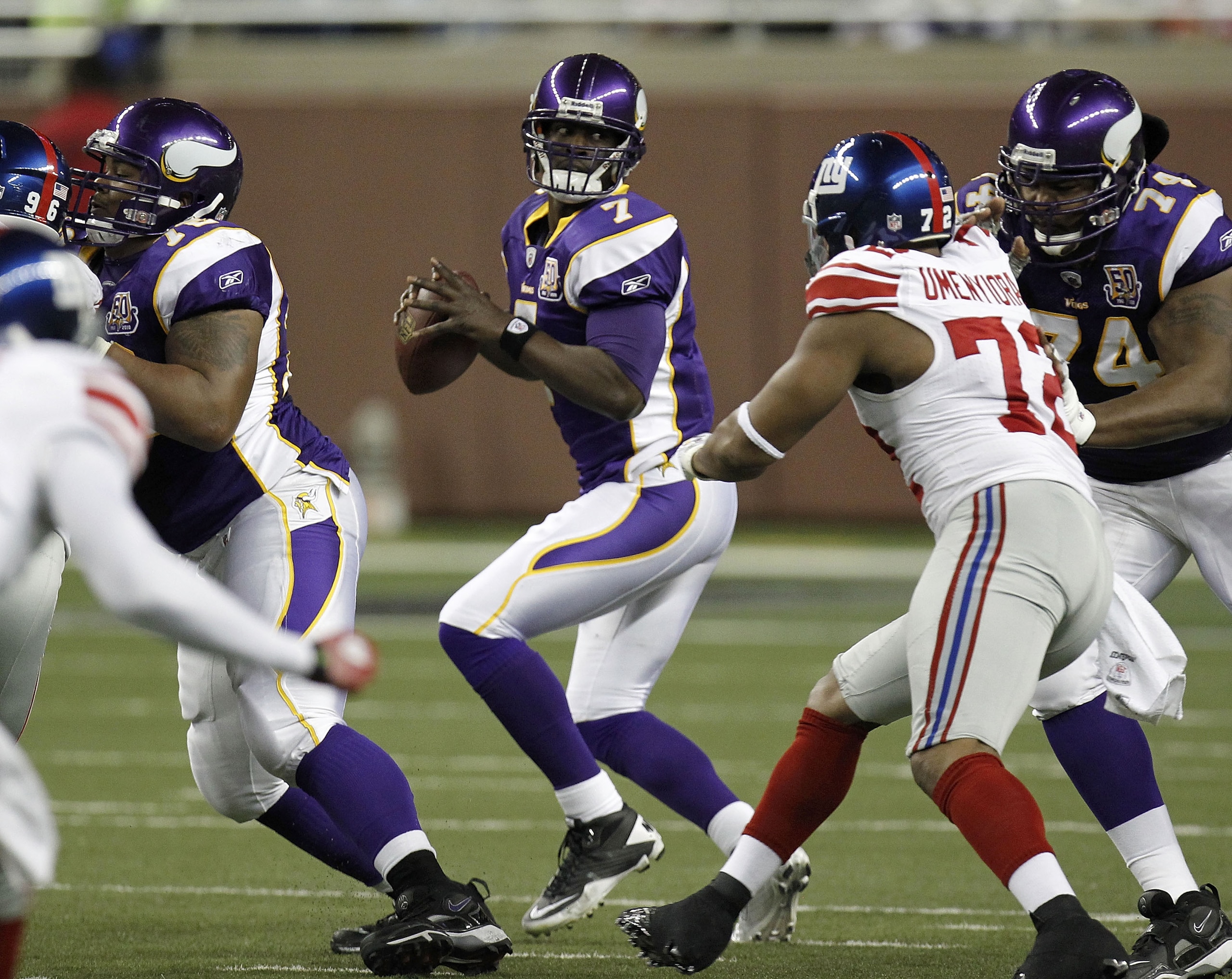 DETROIT, MI - DECEMBER 13: Tavaris Jackson #7 of the Minnesota Vikings looks to throw a first quarter pass while  playing the New York Giants at Ford Field on December 13, 2010 in Detroit, Michigan.  (Photo by Gregory Shamus/Getty Images)